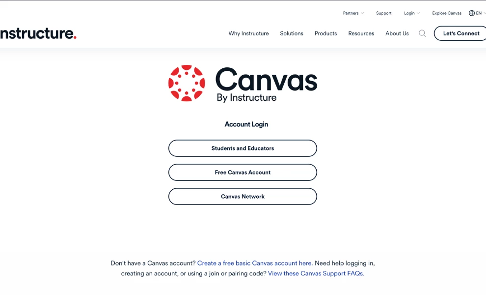 Canvas by Instructure homepage login and product family, education website design example
