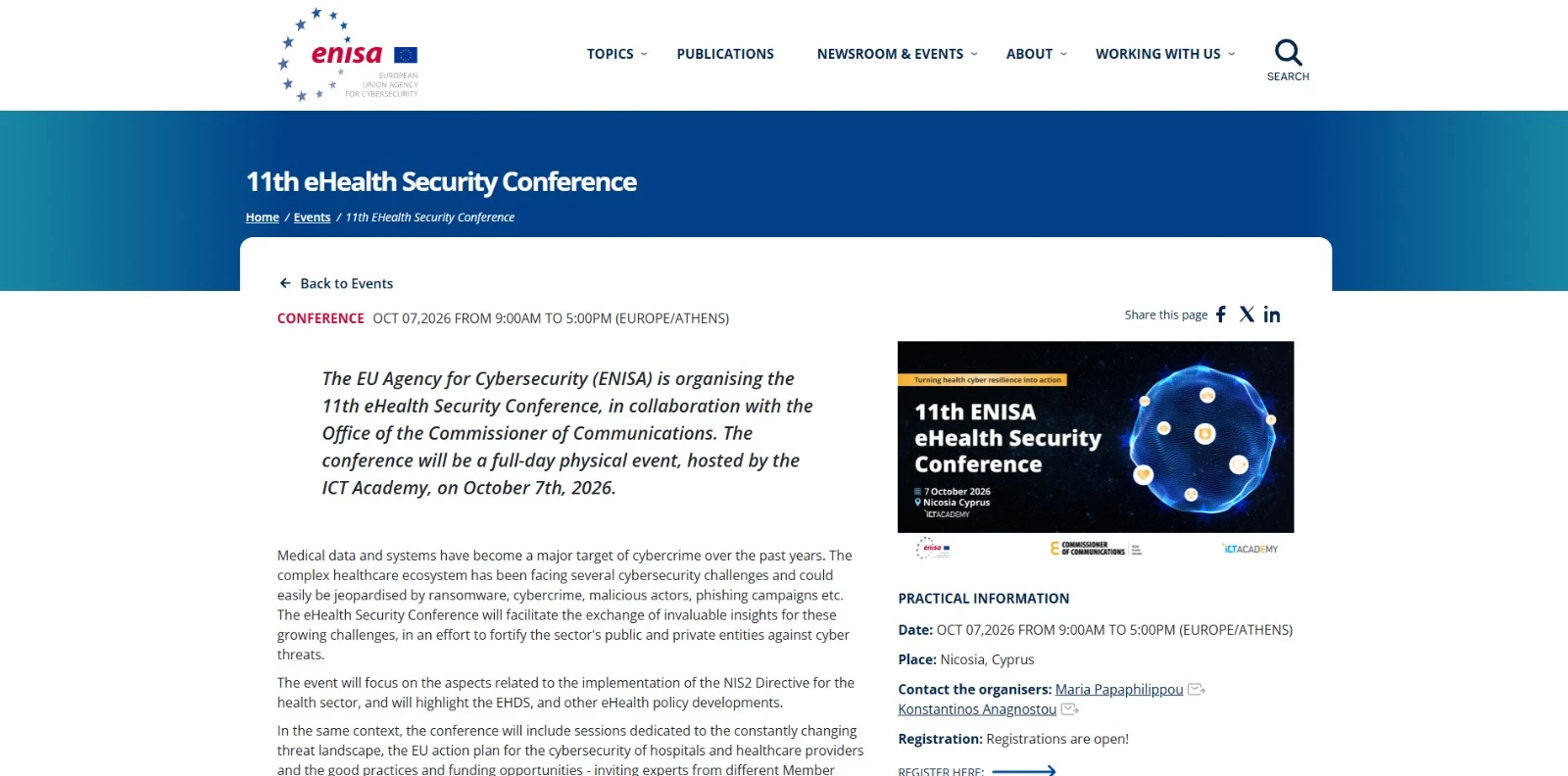 The 11th ENISA eHealth Security Conference homepage
