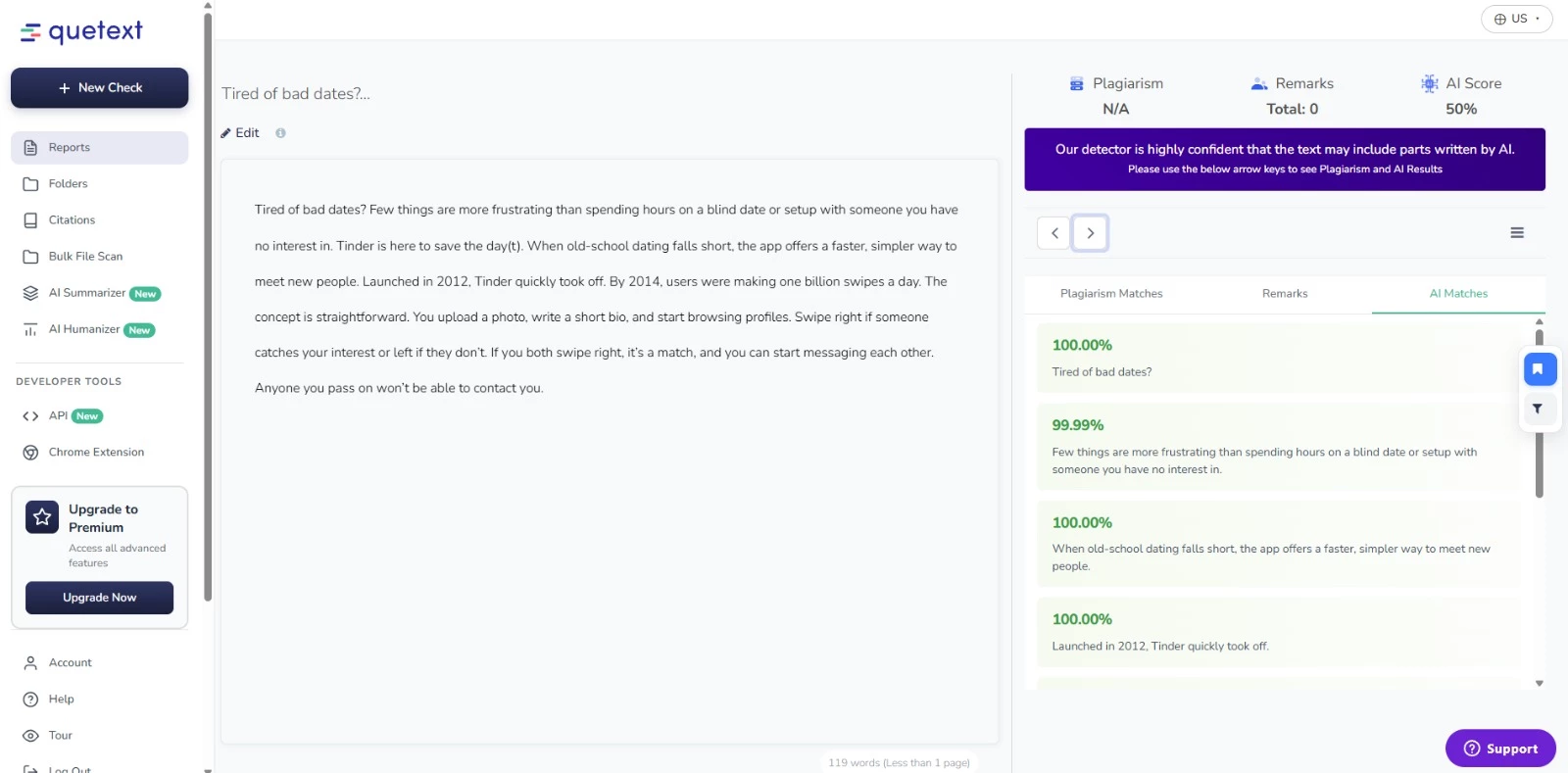 Quetext AI text test