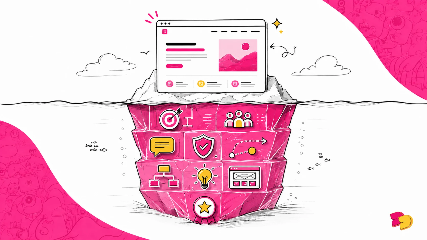 A website mockup sits above the waterline, with goals, audience, messaging, trust, and structure icons submerged below.