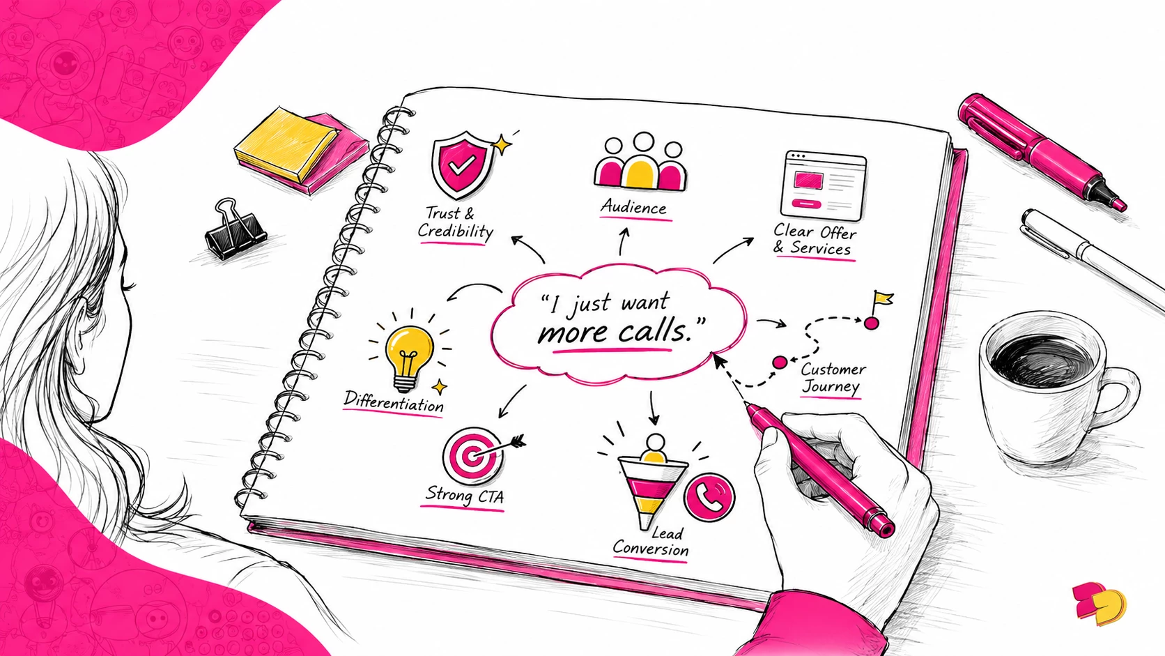 Notebook sketch of a hand writing, with "I just want more calls" branching into seven discovery concepts: Trust, Audience, Clear Offer, Customer Journey, Lead Conversion, CTA, Differentiation.