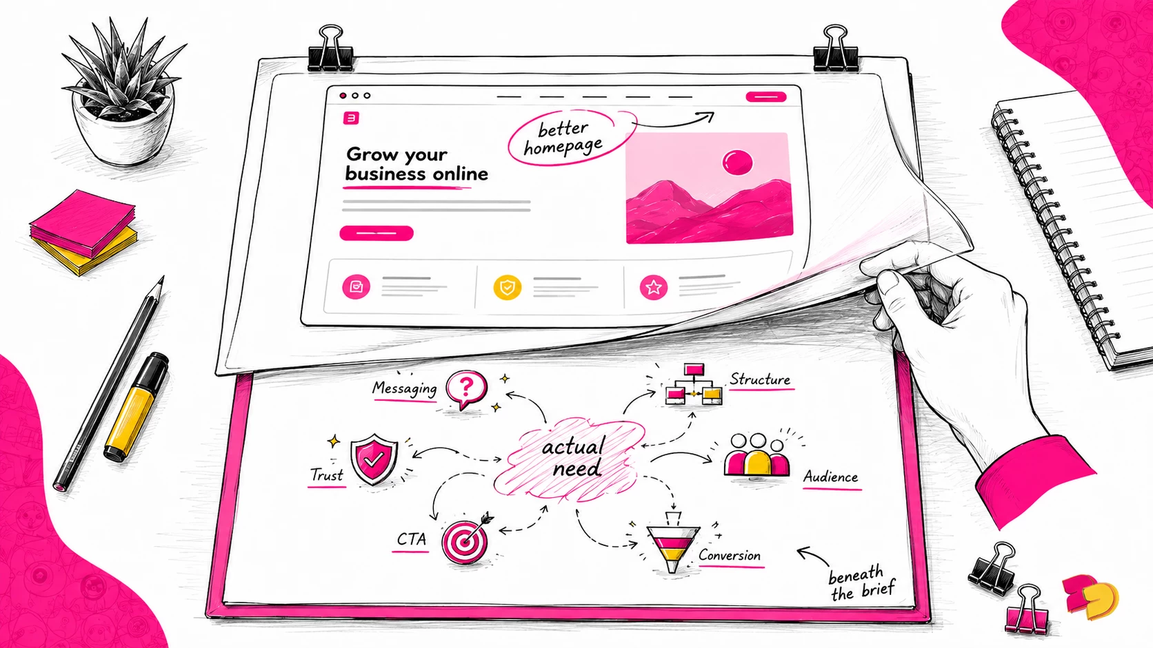 A hand peels back a "better homepage" mockup to reveal what's underneath: Messaging, Trust, CTA, Structure, Audience, Conversion, labeled "beneath the brief."