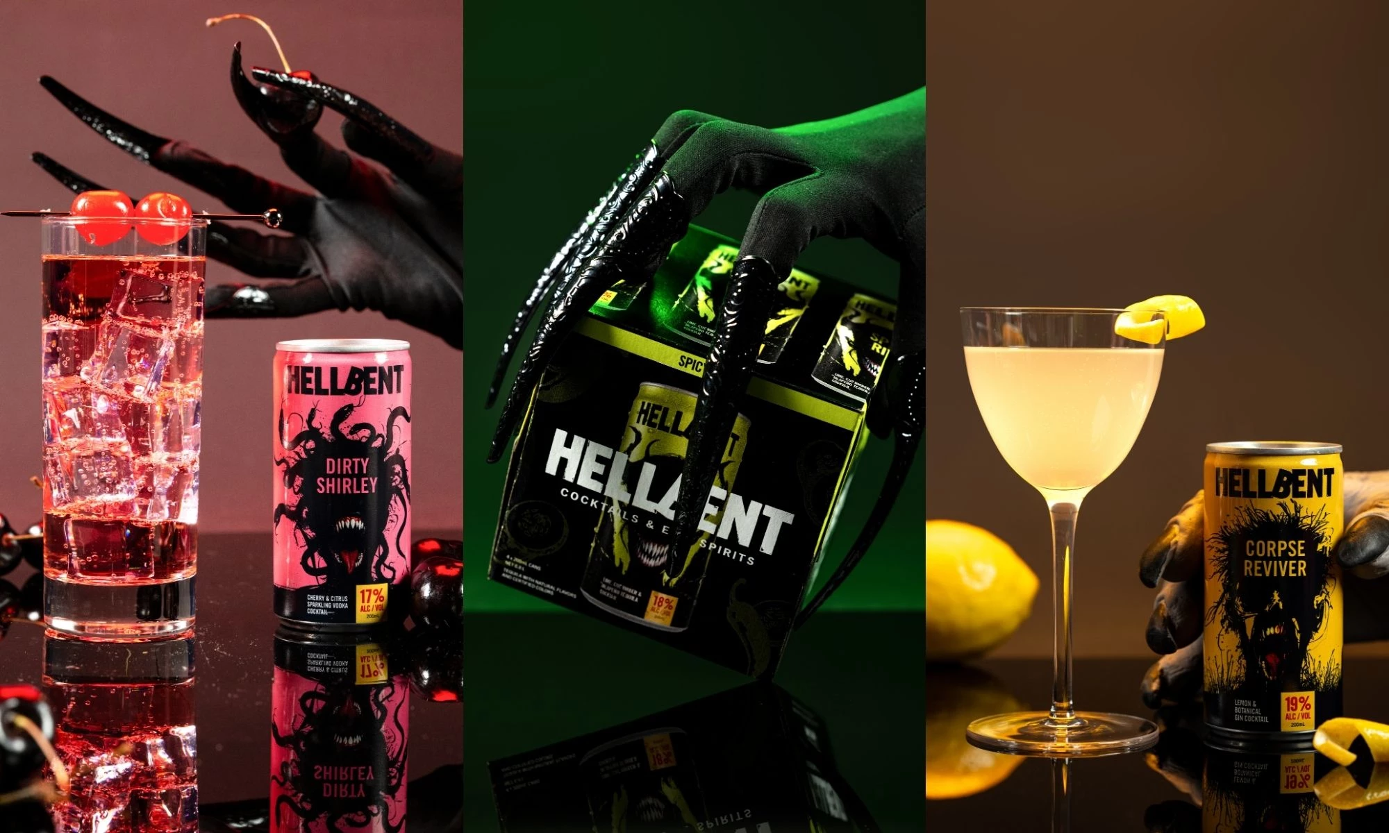 Hellbent Cocktail cans: Dirty Shirley; Spicy Rita; Corpse Reviver.