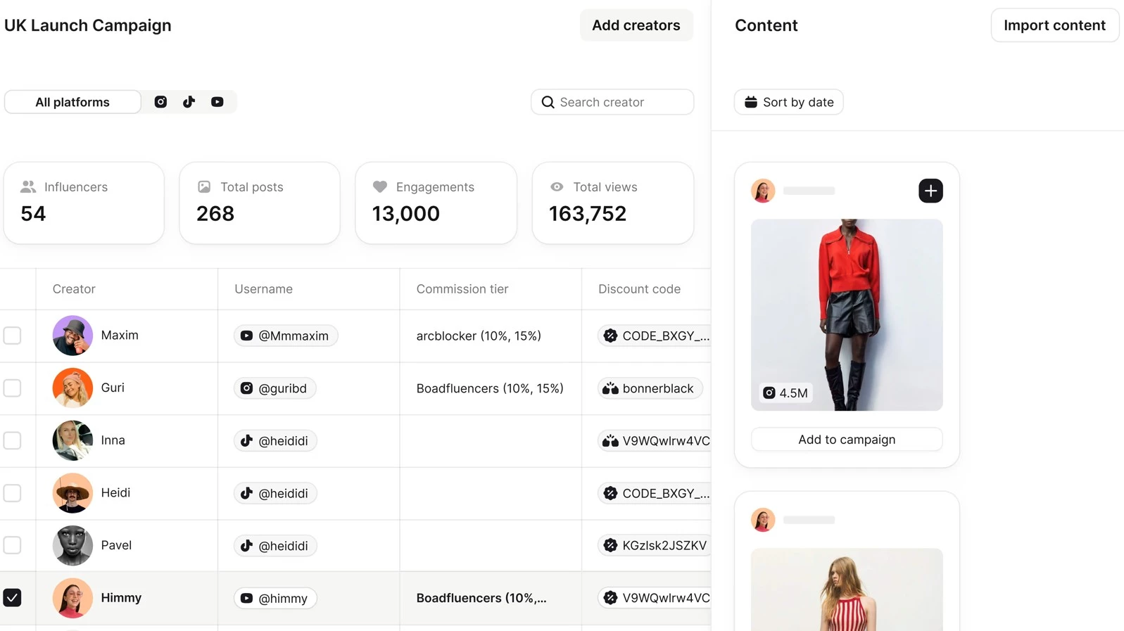 Modash Dashboard Modash AI digital marketing tool influencer tracking user interface.