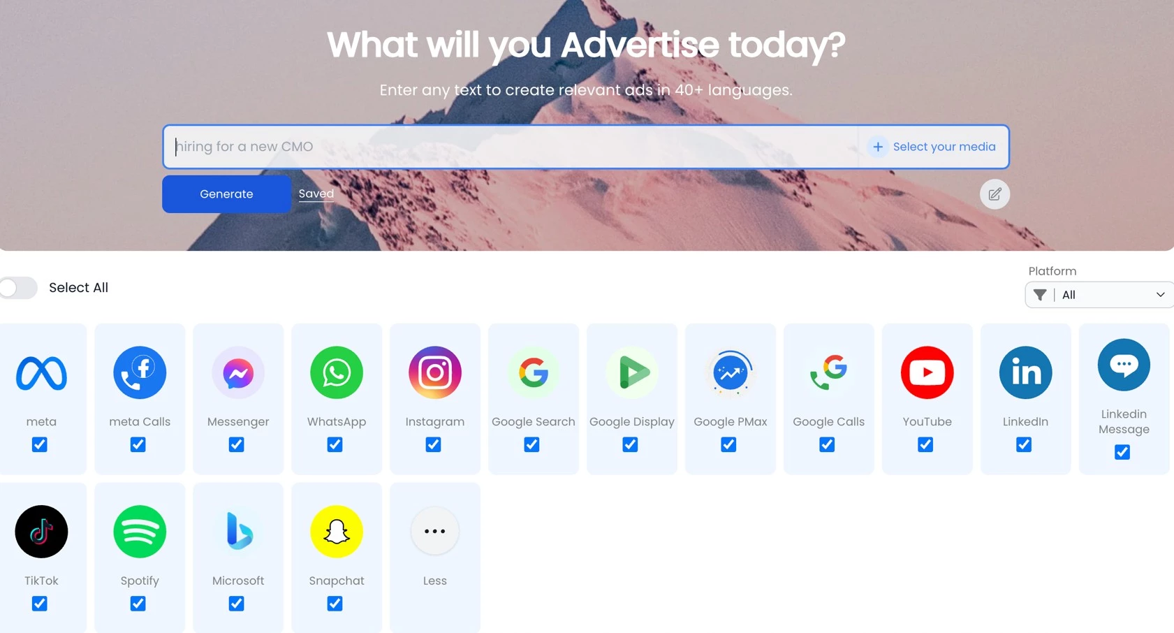 Plai User Interface Plai AI digital marketing tool homepage.