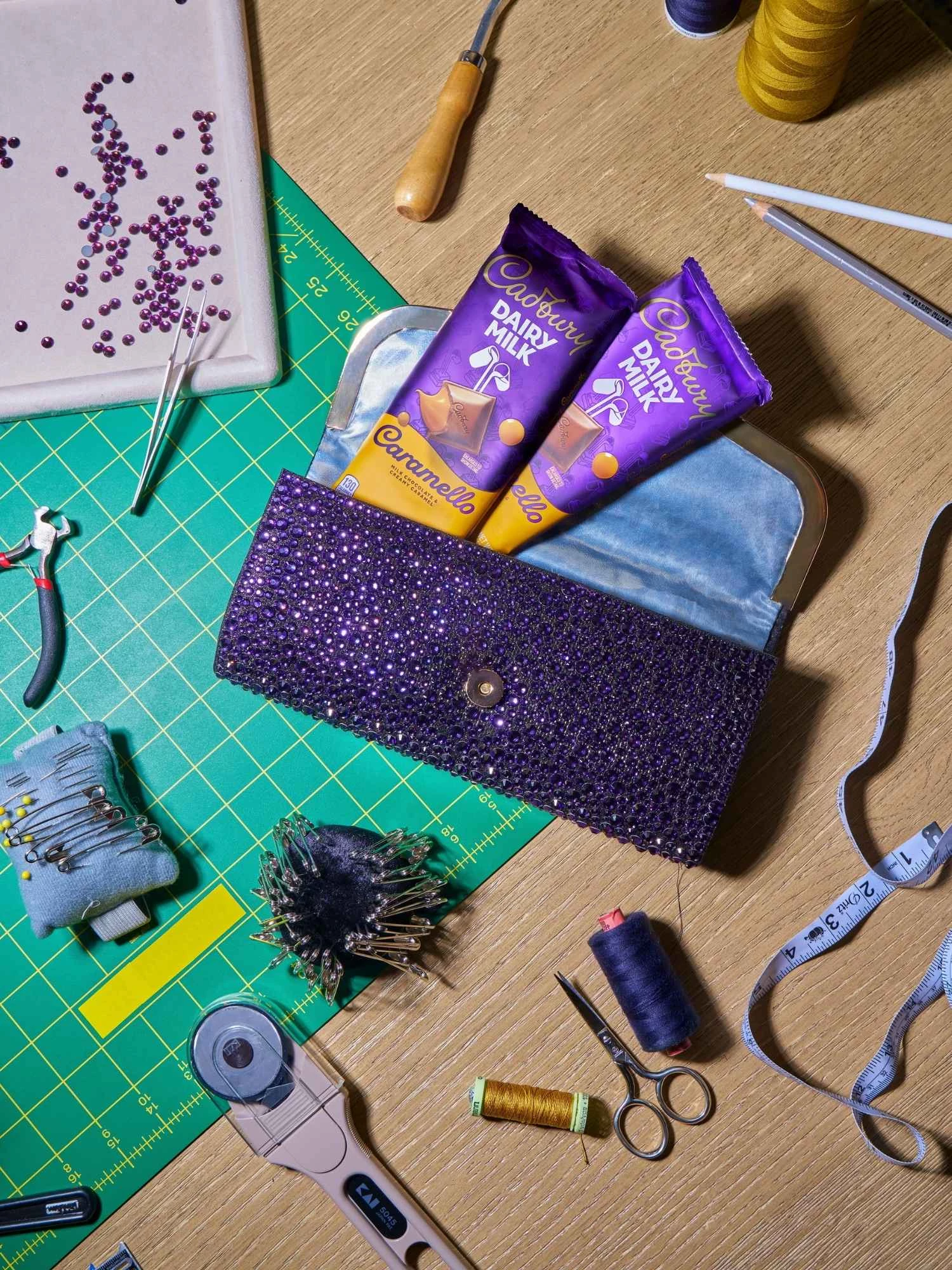 cadbury-clutch-design The Cadbury Clutch with its design elements including two Caramello chocolate bars.