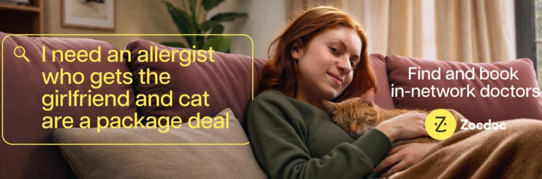 A woman with her cat and the search bubble text "I need an allergist who gets the girlfriend and cat are a package deal."