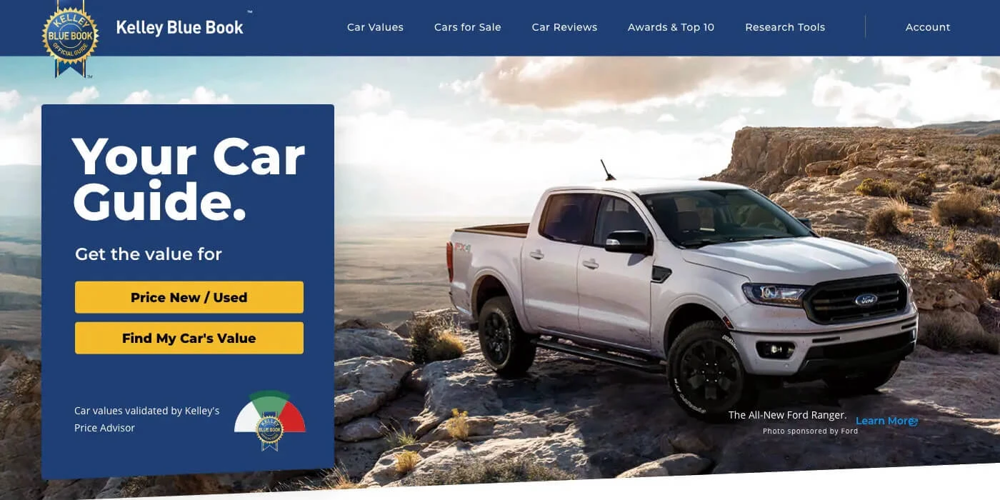 Kelley Blue Book Website Redesign Kelley Blue Book homepage hero section featuring a white Ford Ranger truck, the headline "Your Car Guide," and action buttons for car valuations.