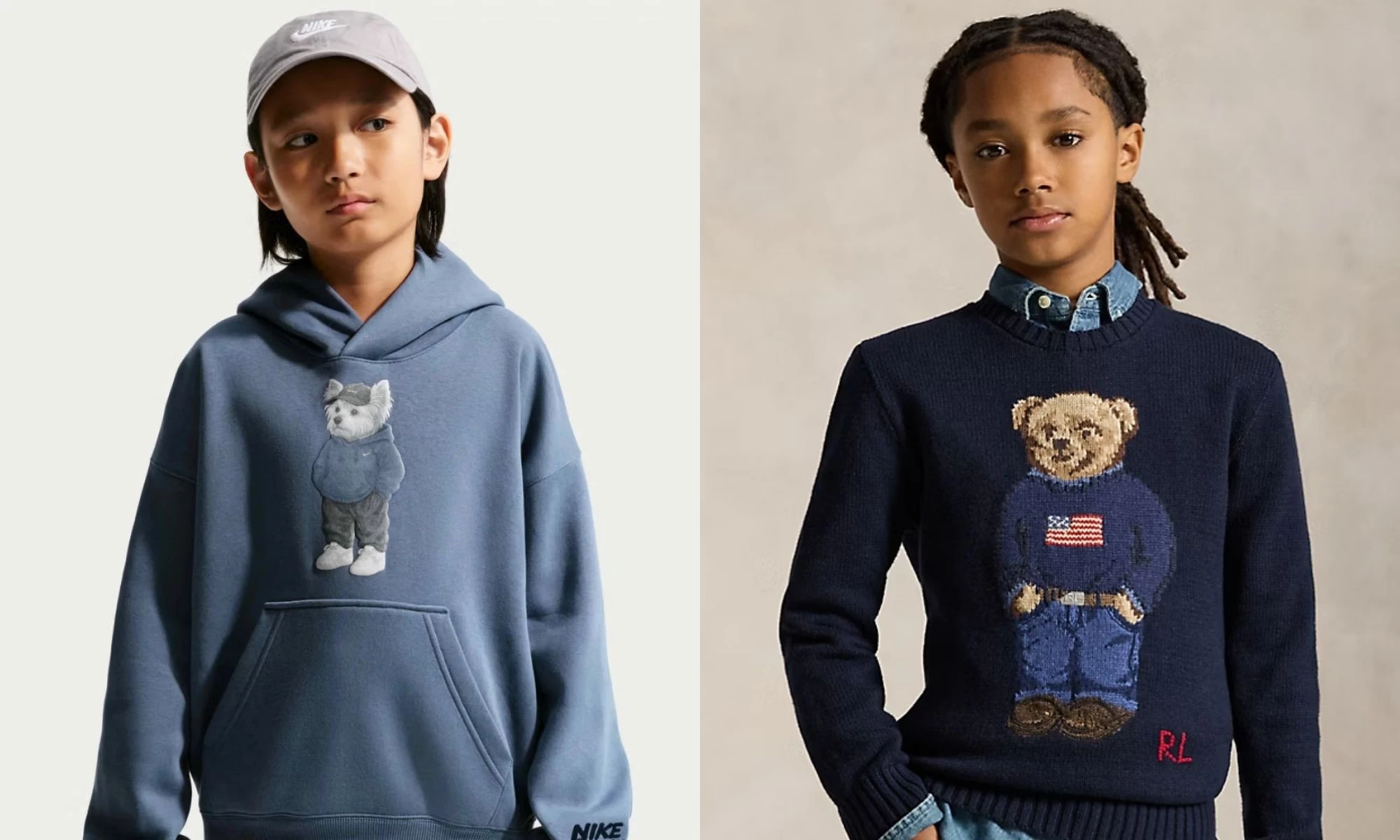 Side-by-side comparison of Nike's "Just a Chill Dog" hoodie and Ralph Lauren's Polo Bear knitwear.