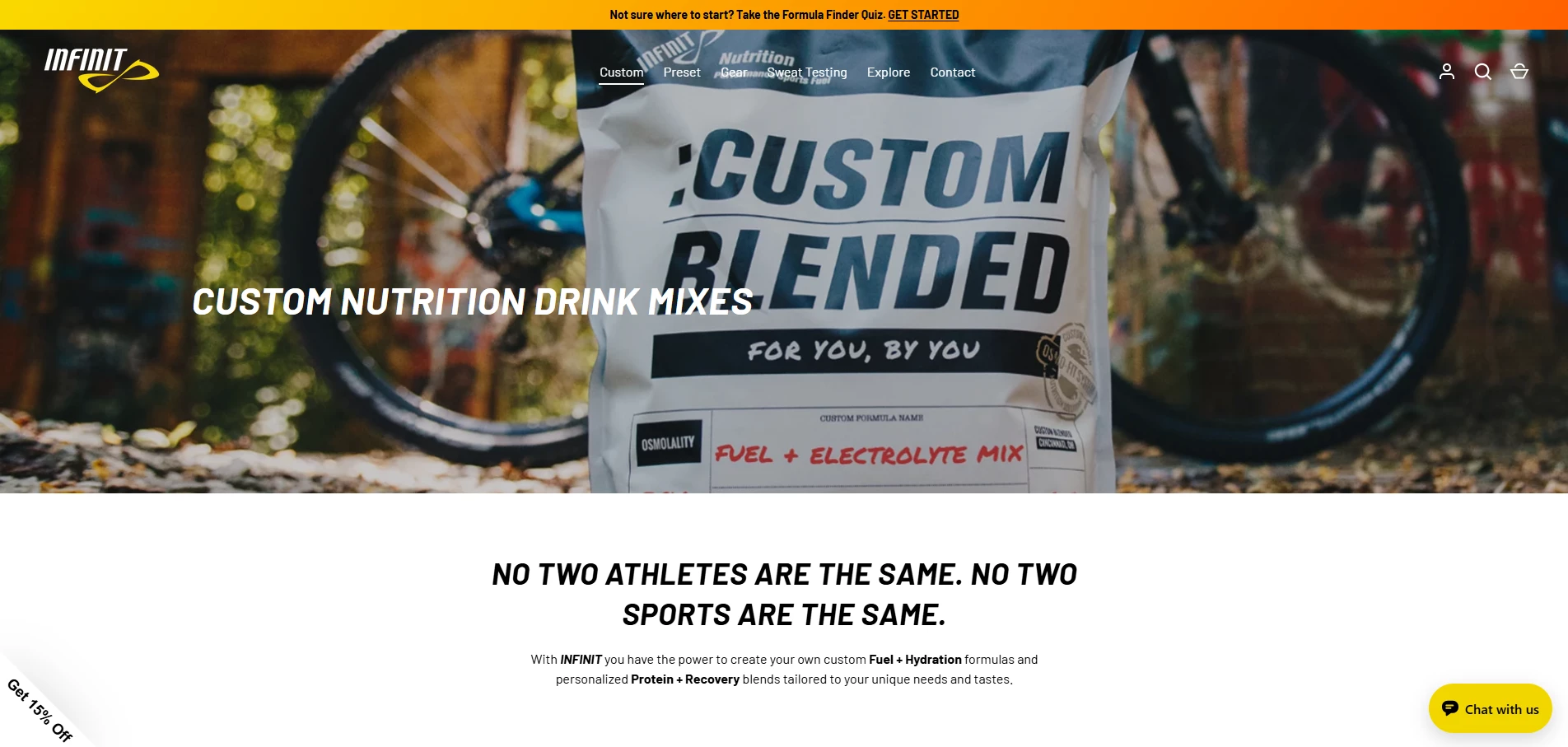 Infinit Nutrition Custom Formula Page Infinit Nutrition's custom formula builder page, where athletes create personalized hydration and protein blends tailored to their training needs.