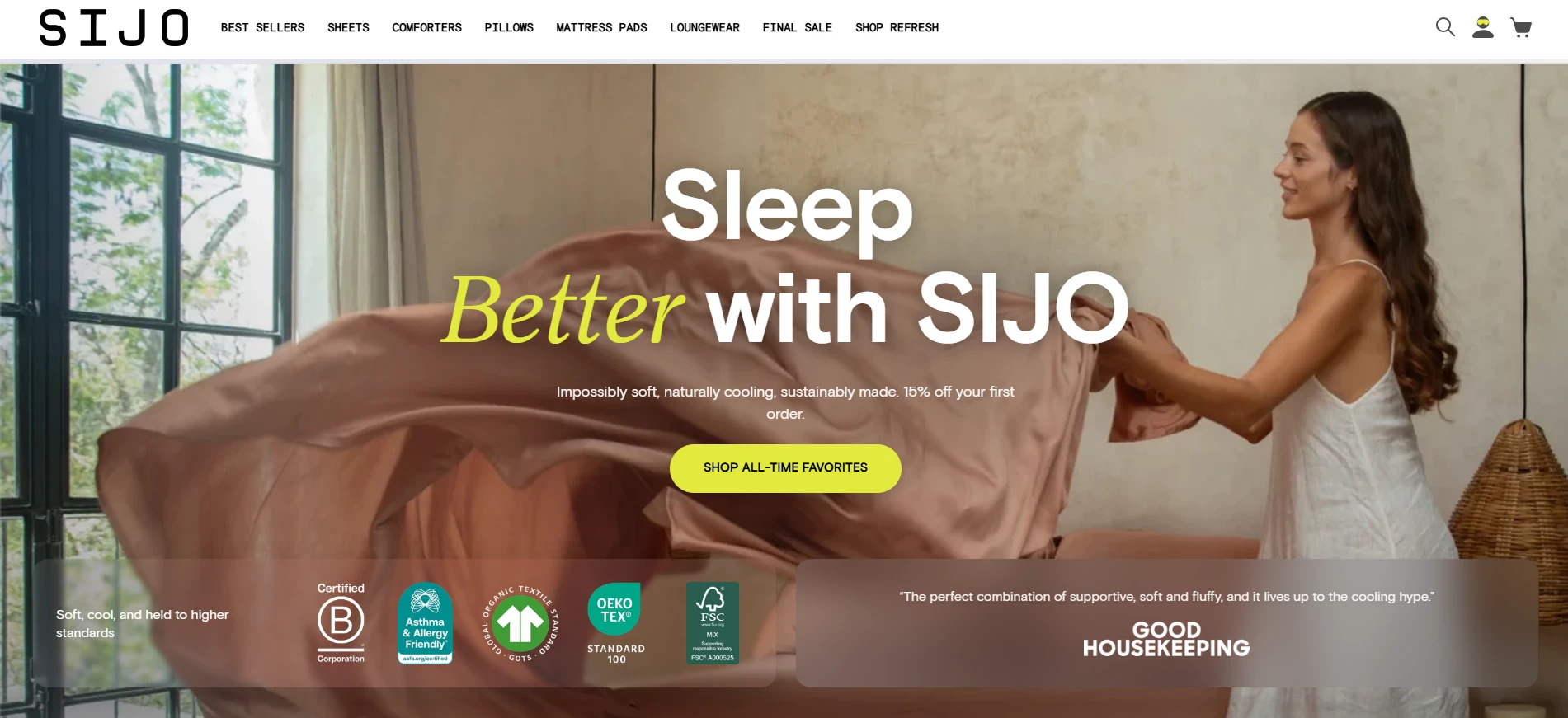 SIJO Homepage SIJO's homepage showing a woman holding pink bed sheets under the headline "Sleep Better with SIJO," with sustainability certifications and a Good Housekeeping quote.