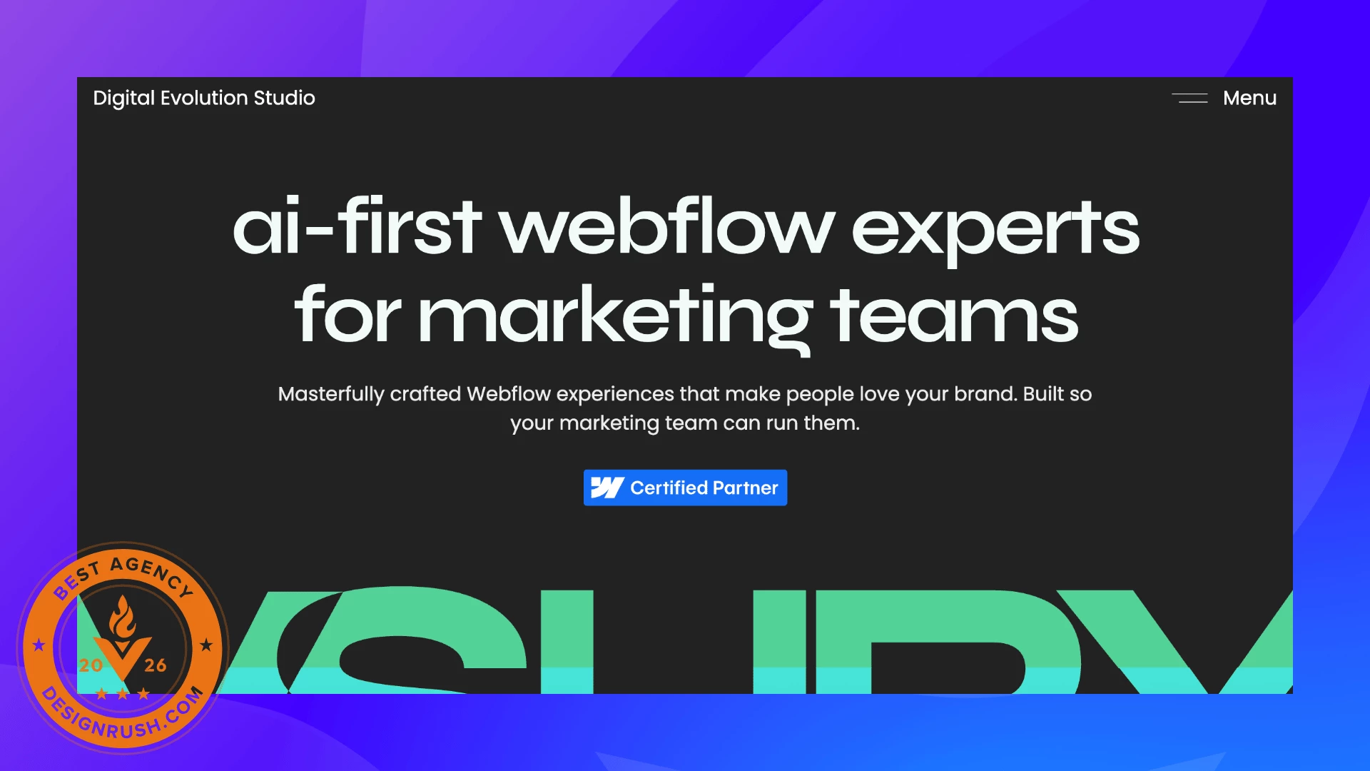 VSURY - Best eCommerce Agencies 2026 Screenshot of VSURY’s homepage highlighting its AI-first Webflow services for marketing teams, with a Webflow Certified Partner label and DesignRush Best Agency 2026 badge.