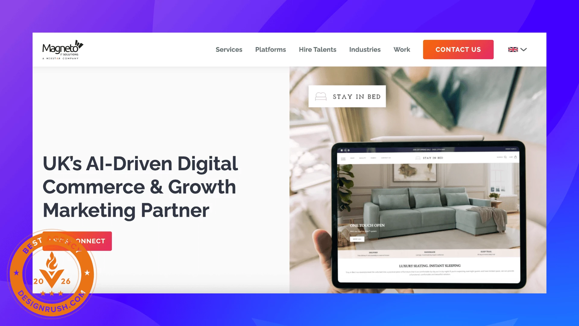 Magneto IT Solutions - Best eCommerce Agencies 2026 Screenshot of Magneto IT Solutions’ homepage highlighting its AI-driven digital commerce and growth marketing services, with an eCommerce website example and DesignRush Best Agency 2026 badge.