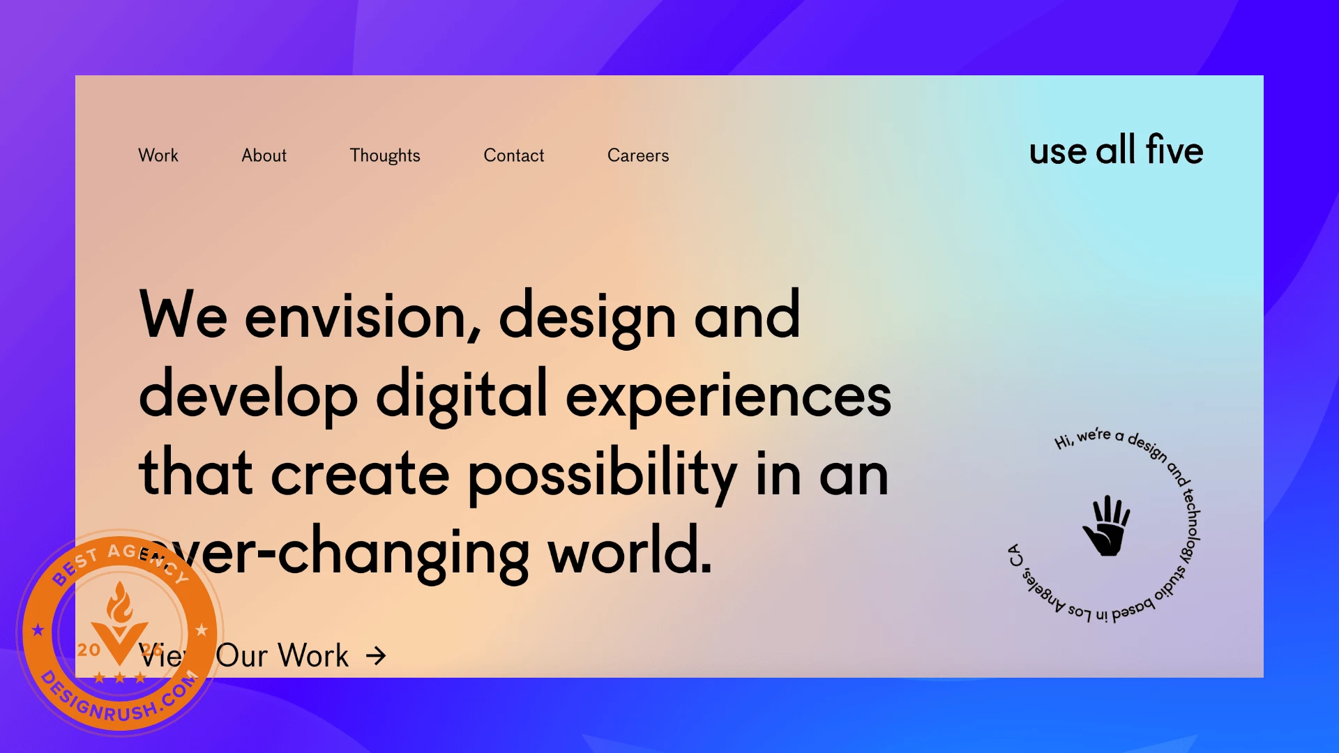 Use All Five - Best eCommerce Agencies 2026 Screenshot of Use All Five’s homepage highlighting its digital design and technology work, with a gradient visual design and DesignRush Best Agency 2026 badge.