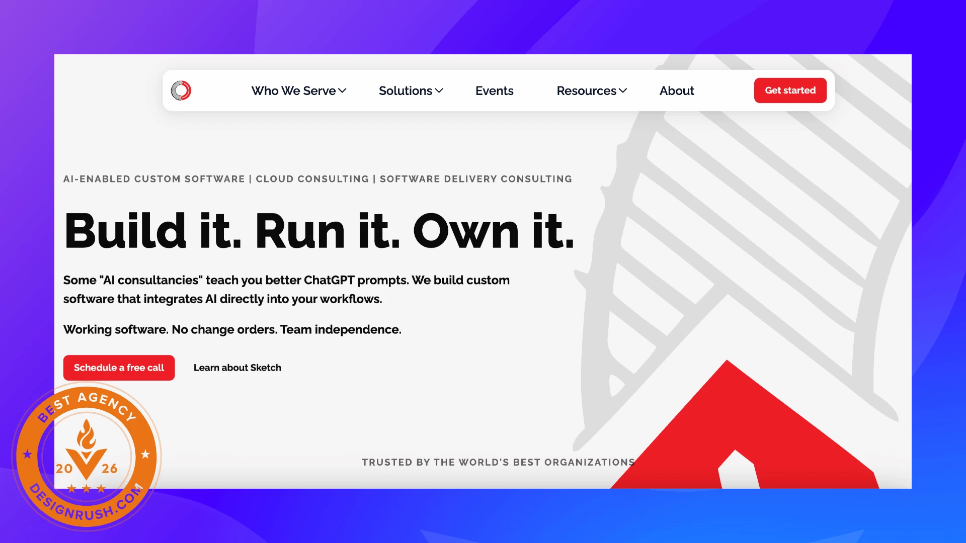 Sketch Development Services - Best eCommerce Agencies 2026 Screenshot of Sketch Development Services’ homepage featuring its AI-enabled custom software, cloud consulting, and software delivery services, with a DesignRush Best Agency 2026 badge.