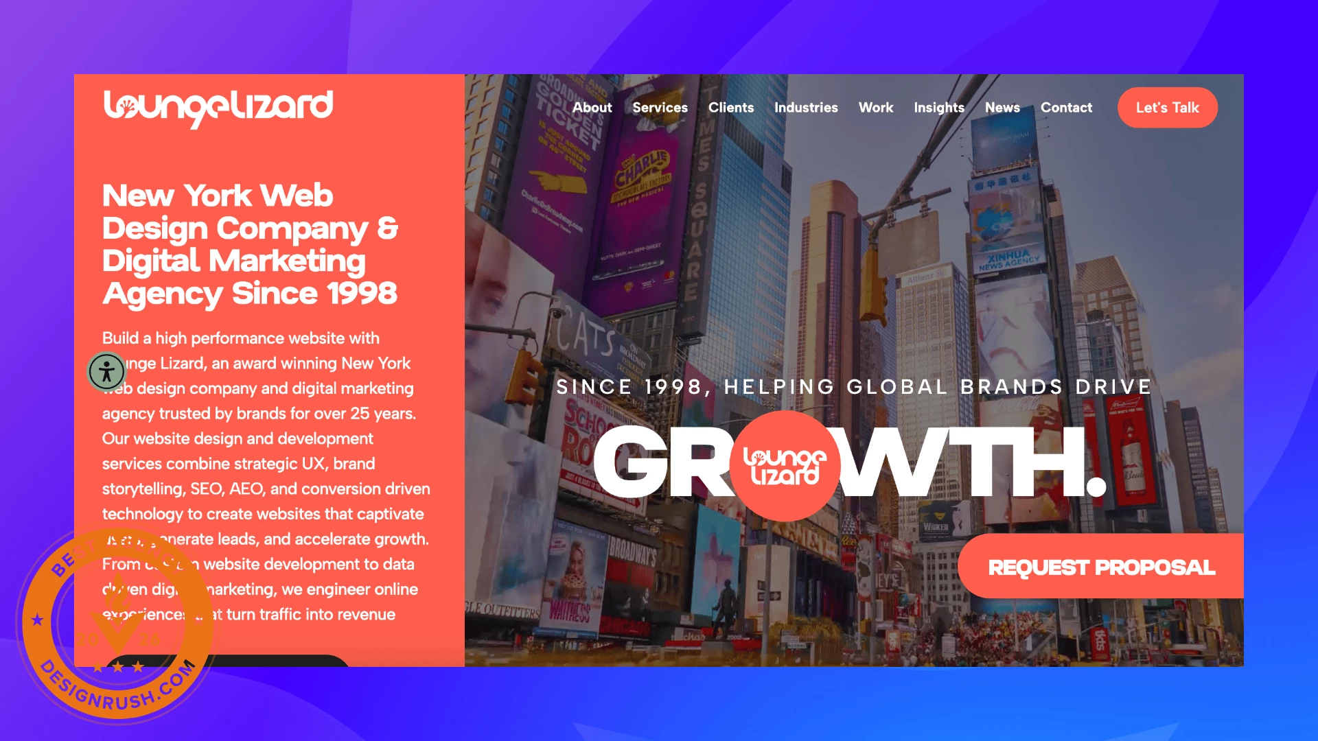 Lounge Lizard - Best eCommerce Agencies 2026 Screenshot of Lounge Lizard’s homepage highlighting its web design and digital marketing services, with a Times Square visual and DesignRush Best Agency 2026 badge.