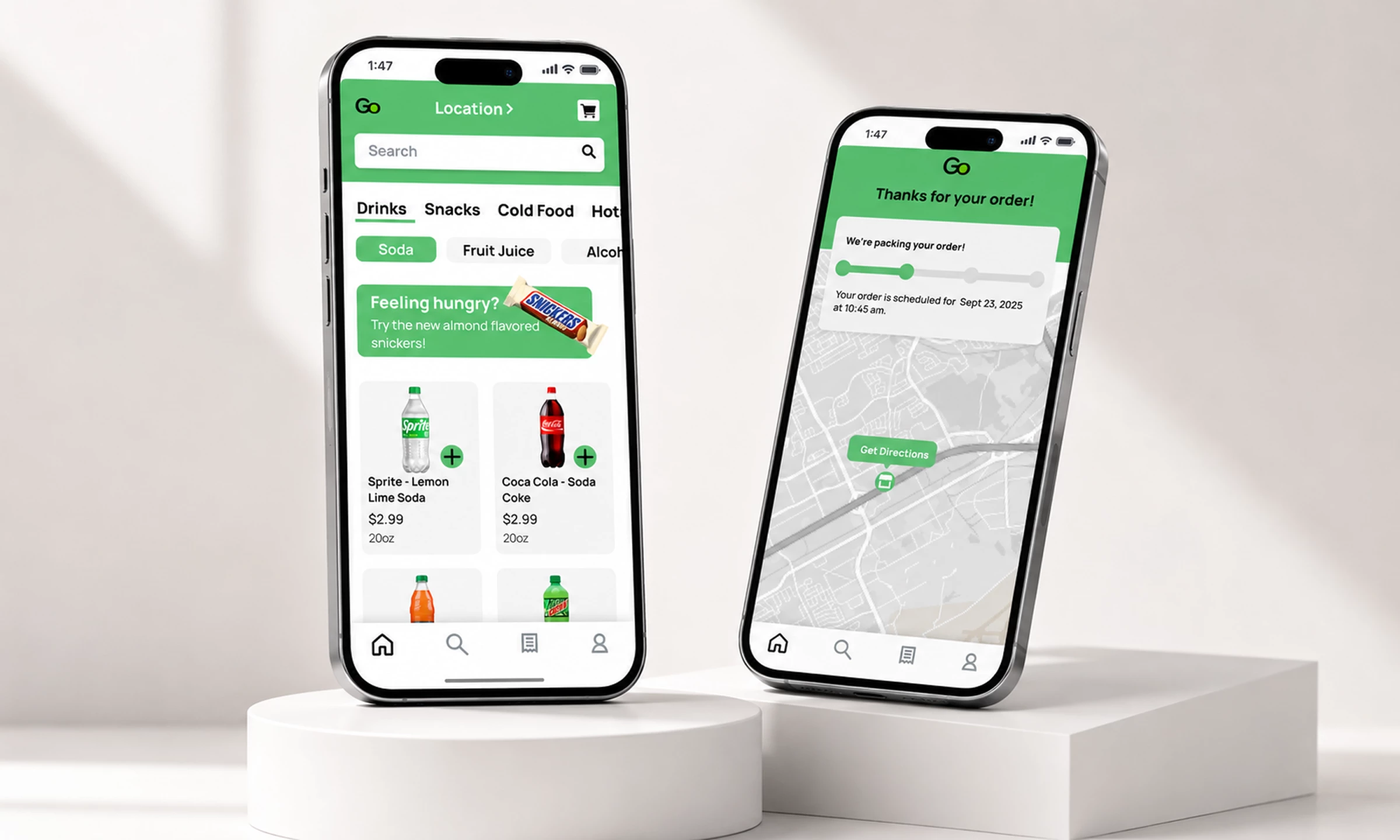 Chop Dawg Digi-Go Mobile Commerce App Two mobile screens from the Digi-Go app developed by Chop Dawg, showing product browsing and order tracking for its scan-and-go convenience store platform.