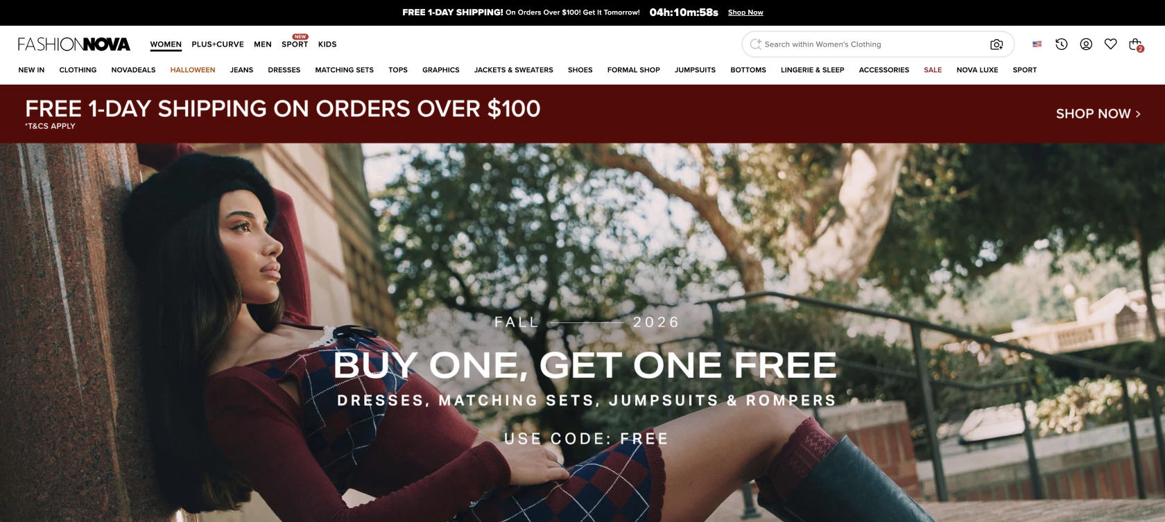 Fashion Nova homepage offers Increase eCommerce conversions: Fashion Nova homepage