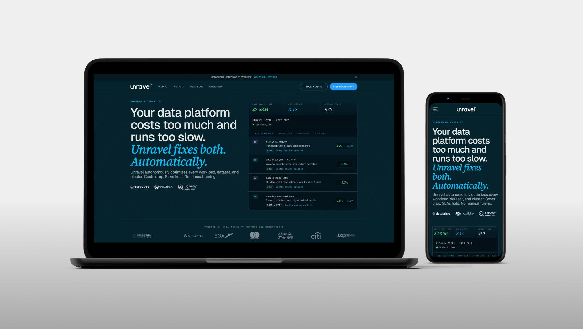 Unravel Data Webflow Redesign by VSURY Unravel Data's redesigned homepage on desktop and mobile, showing the Arvix AI live optimization feed with cost savings and speedup metrics, headlined "Your data platform costs too much and runs too slow. Unravel fixes both. Automatically."