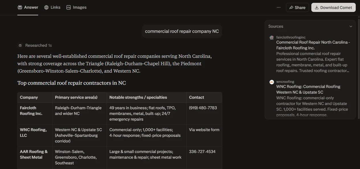 WNC Roofing in Perplexity's Commercial Roof Repair Results for NC Perplexity search results for "commercial roof repair company NC," showing WNC Roofing, LLC listed second among top contractors, with sources citing WNC Roofing's own site alongside Fircloth Roofing Inc.