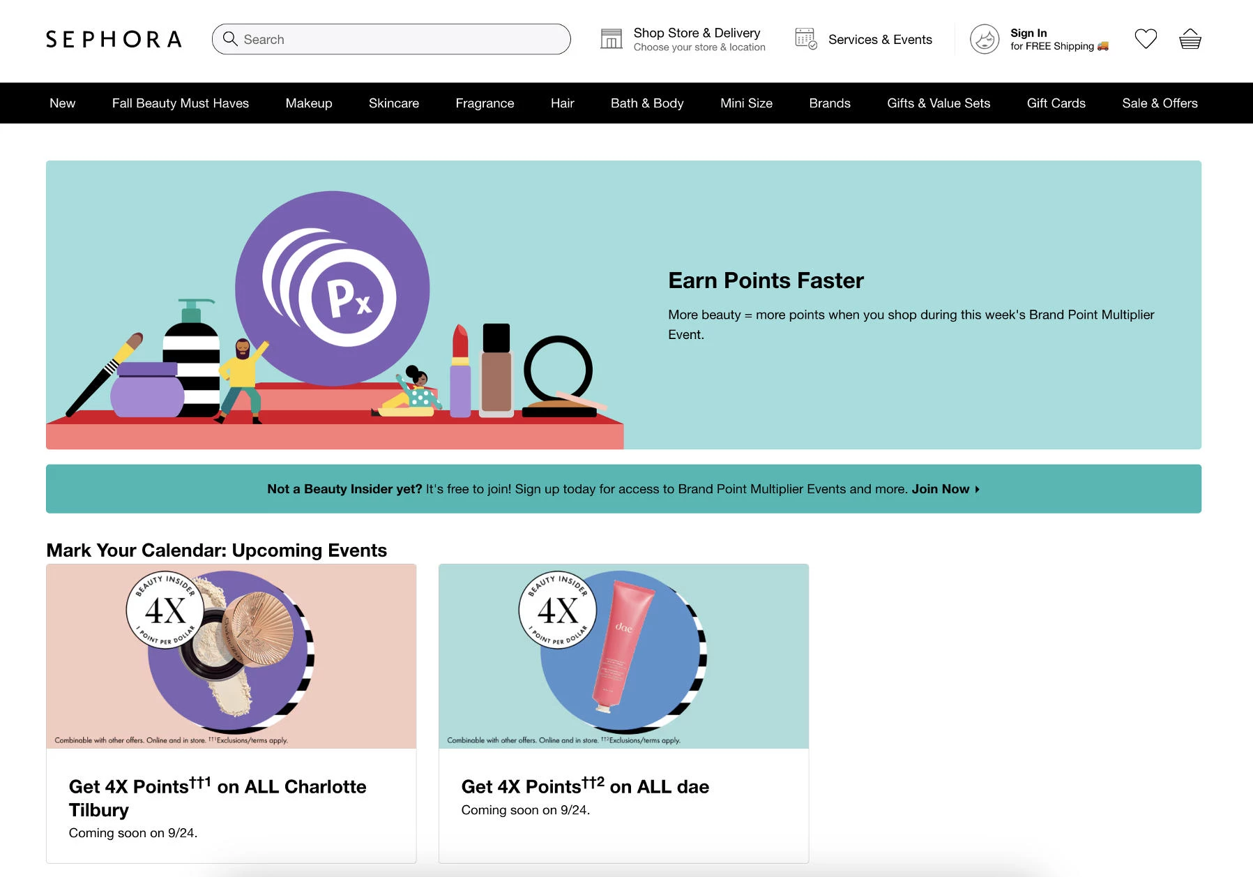 Sephora Beauty Insider point multiplier page Promotional marketing: Sephora Beauty Insider point multiplier page