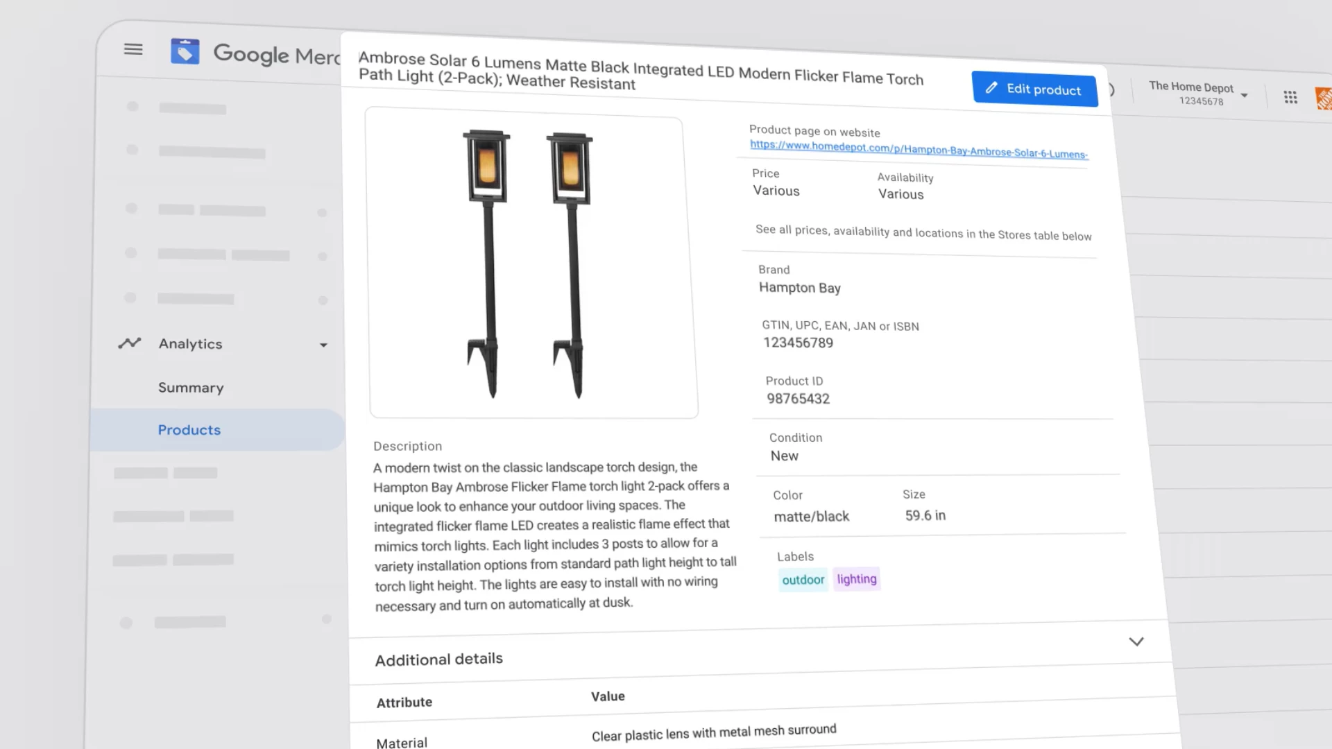 Screenshot of a product page in Google Merchant Center showing attributes like brand, price, availability, GTIN, and labels for a Home Depot item