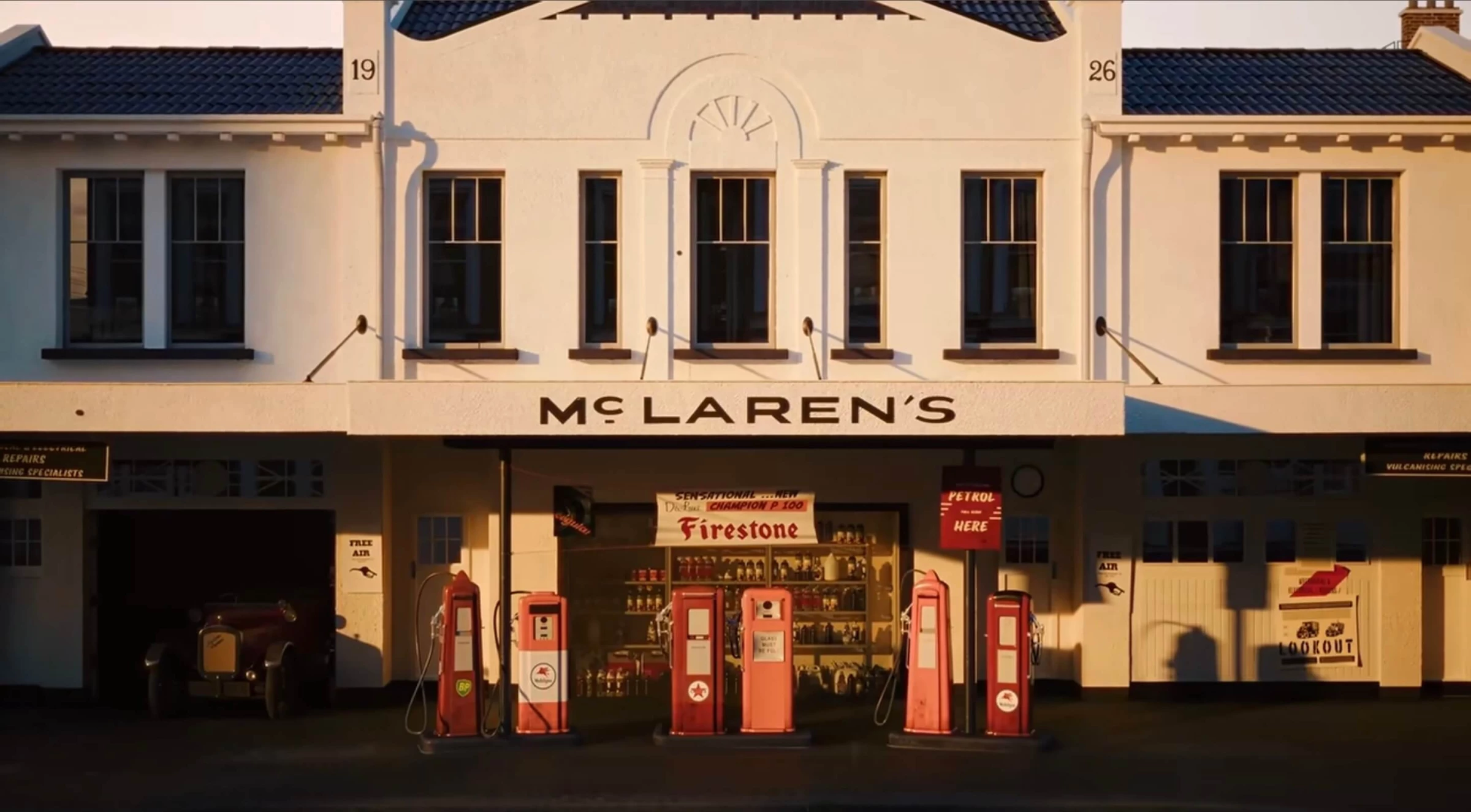 The Remuera Service Station Les and Ruth McLaren's Auckland garage, where Bruce built the car that won him his first race.