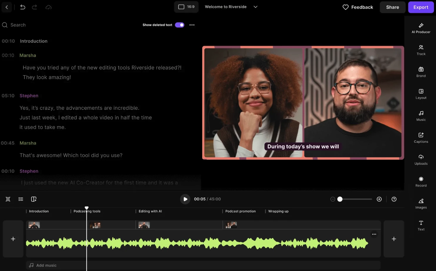 A screenshot of Riverside podcast recording platform dashboard