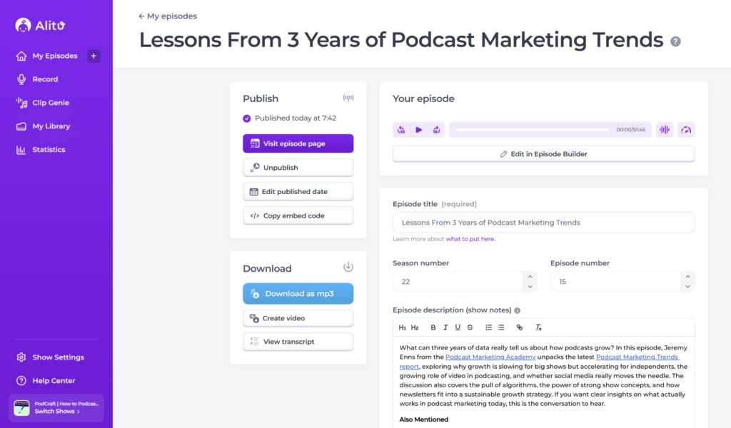 Screenshot of Alitu podcast hosting feature
