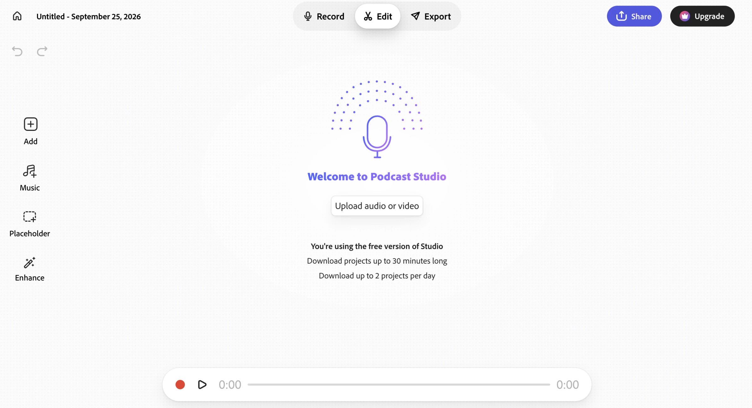 Screenshot of Adobe Podcast platform dashboard