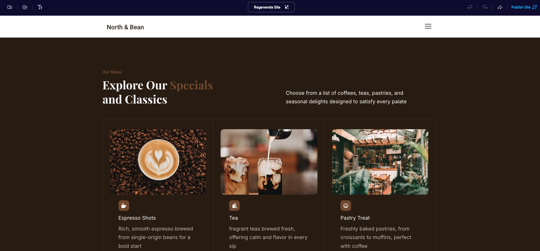 Screenshot of the generated site via Brizy
