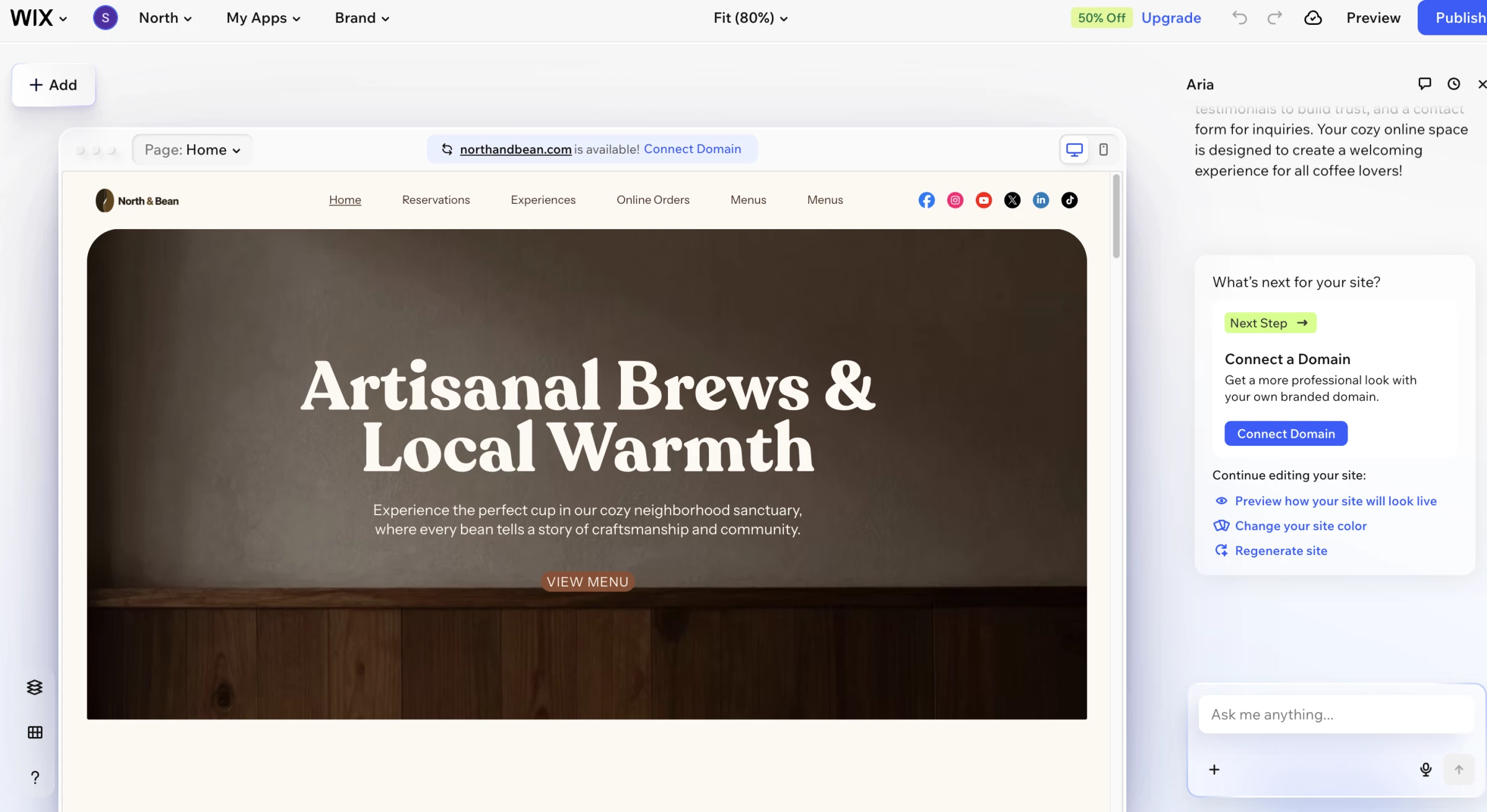 Screenshot of Wix AI website editor