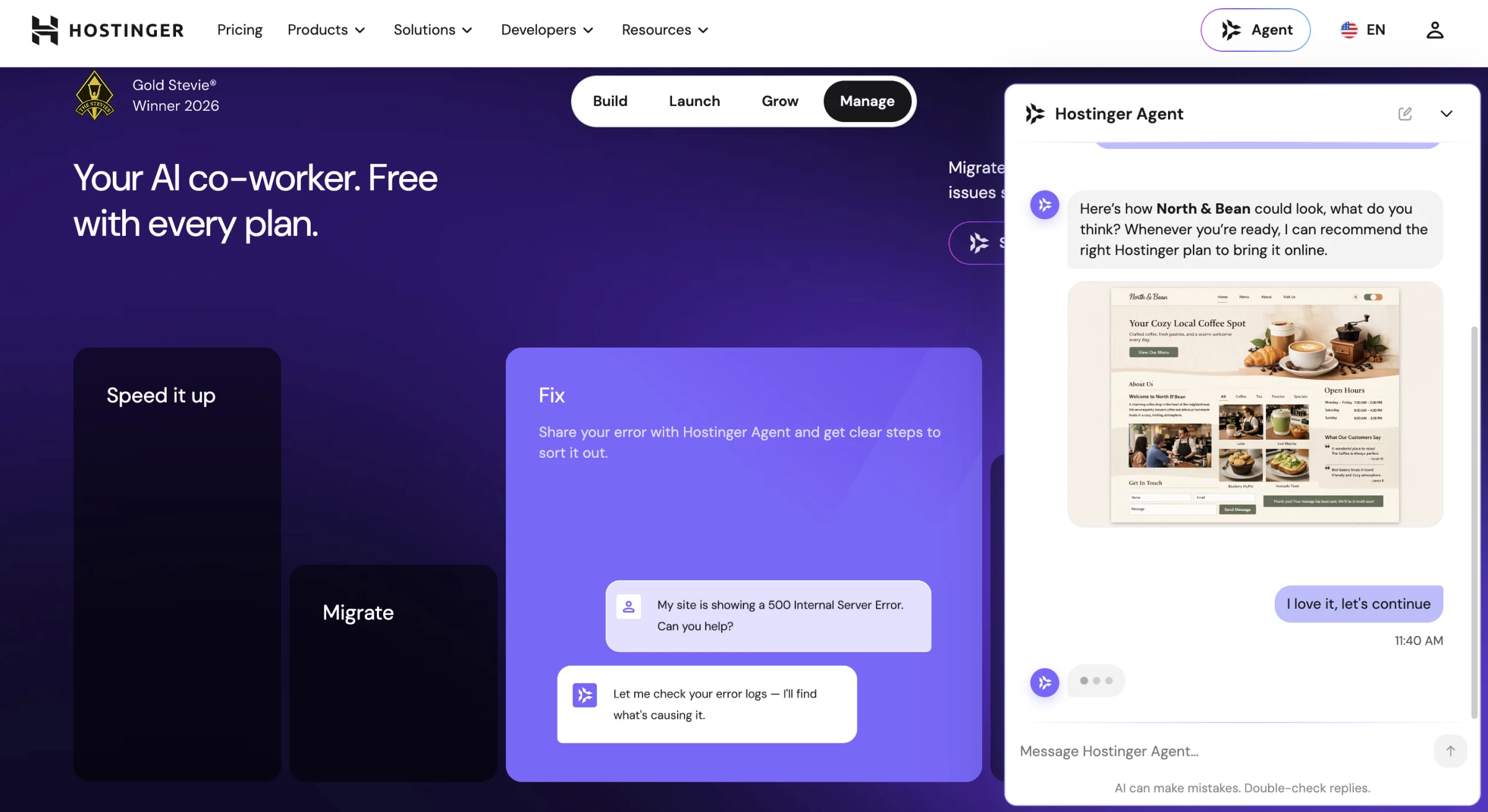 Screenshot of the Hostinger AI agent
