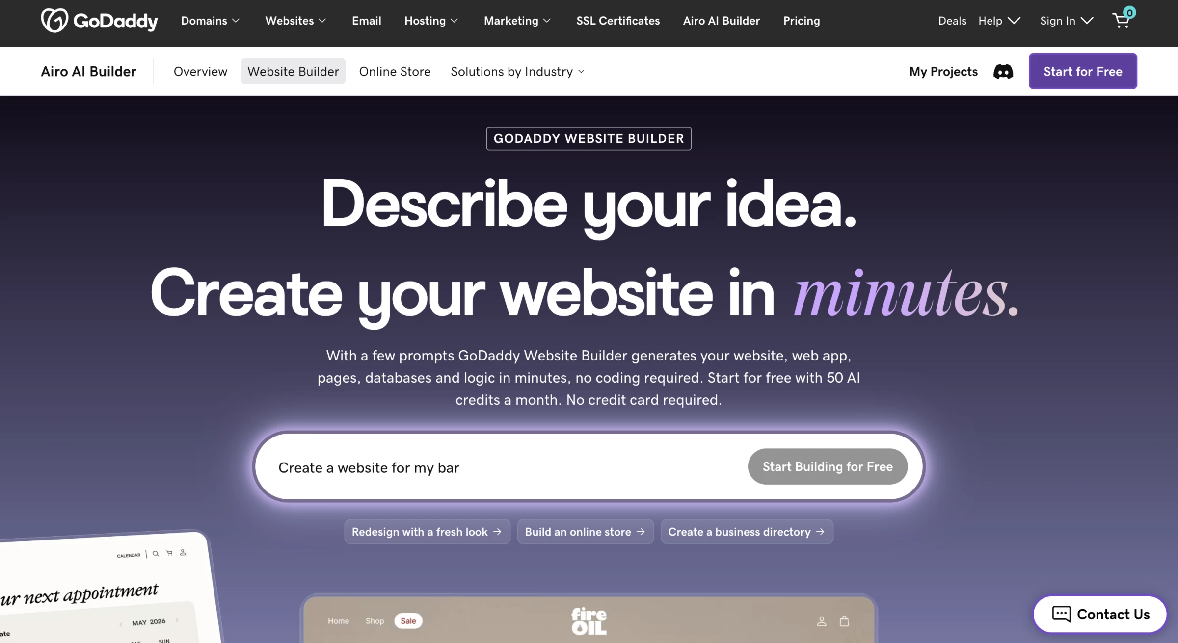 GoDaddy website hero