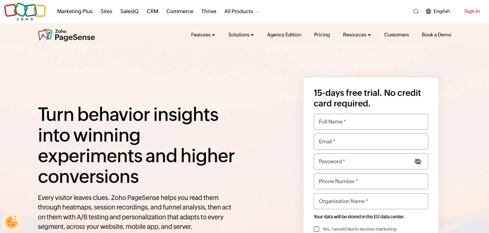Zoho PageSense ab testing tool homepage Zoho PageSense ab testing tool homepage