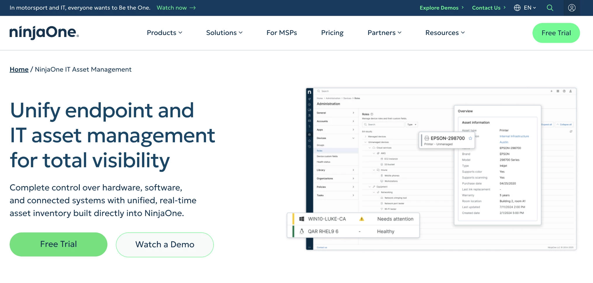 IT asset management: NinjaOne homepage