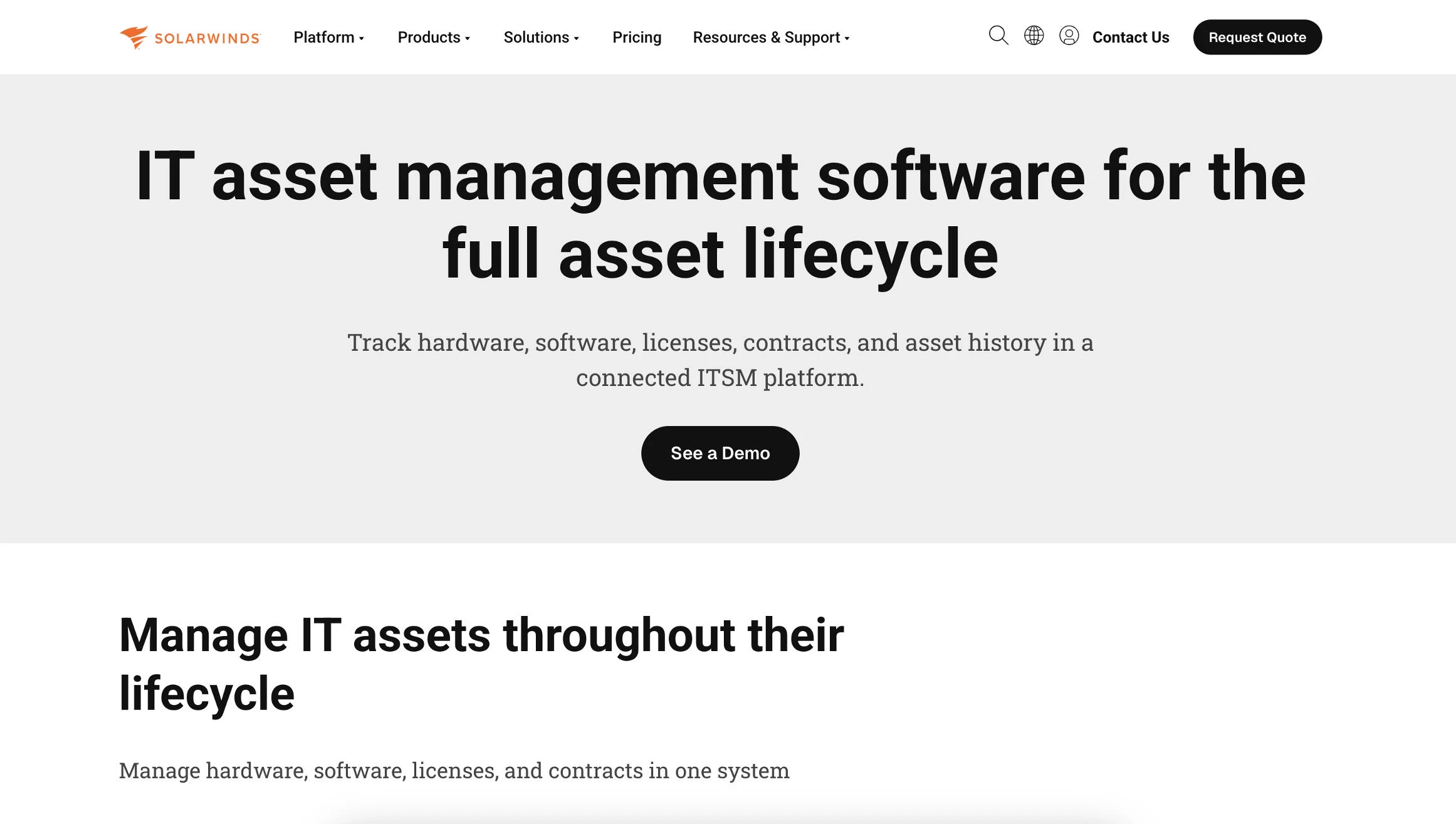 IT asset management: SolarWinds homepage