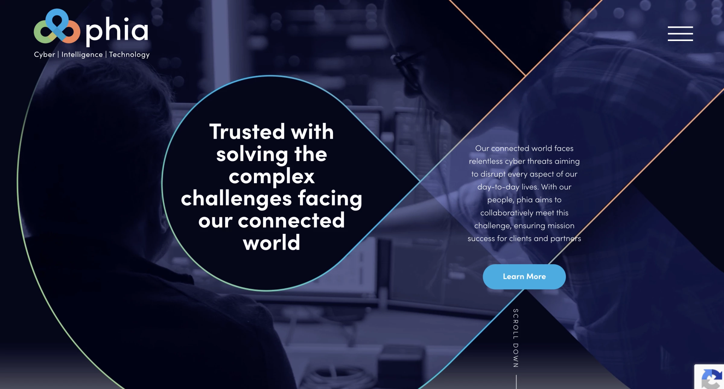 Phia’s cybersecurity website uses a video-led hero, circular imagery inspired by its three-sided logo, and people-focused visuals instead of conventional cybersecurity graphics.