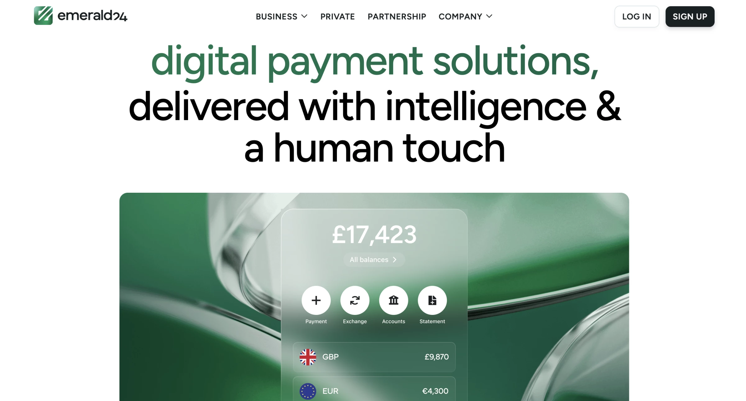 Emerald24’s homepage uses an emerald-green palette, frosted product cards, uppercase navigation, and a scroll-controlled product selector.