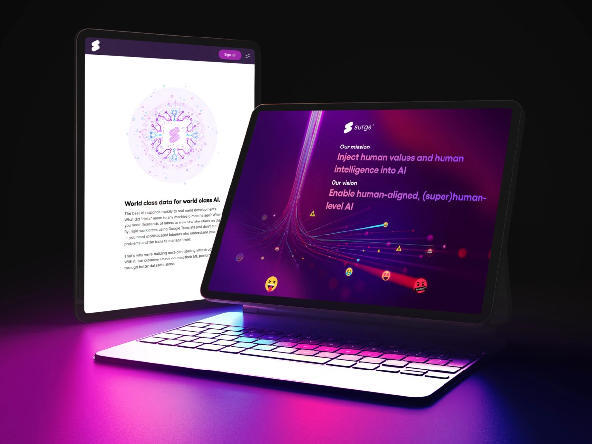 Surge AI’s homepage pairs oversized white typography with an angular magenta-to-violet background and a single outlined CTA