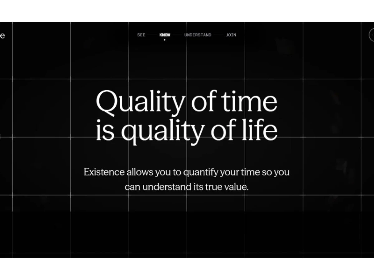 Existence uses dark textured backgrounds and gradual color changes to distinguish the Sleep, Life, Work, and Health categories.