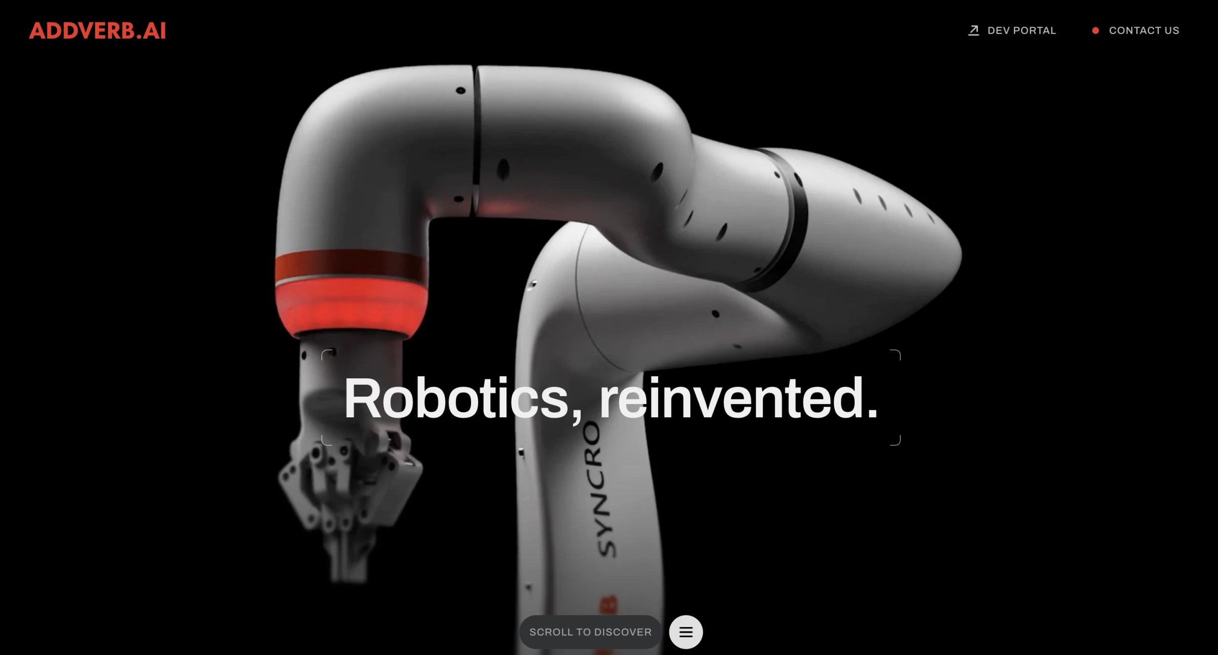 ADDVERB.AI’s hero places a white, black, and red humanoid robot against a graduated gray studio background.