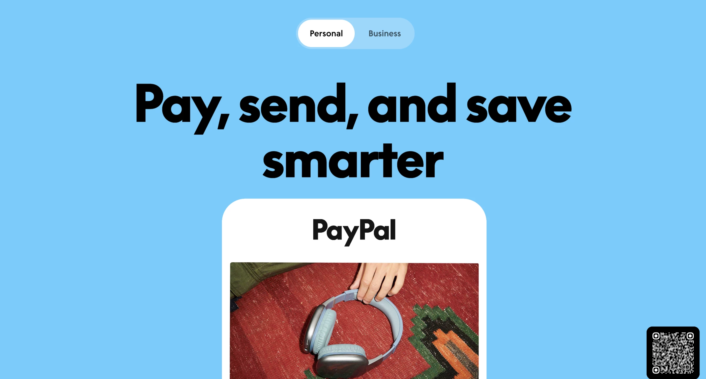 PayPal separates personal and business users through its main navigation while reserving blue accents for actions and security elements.