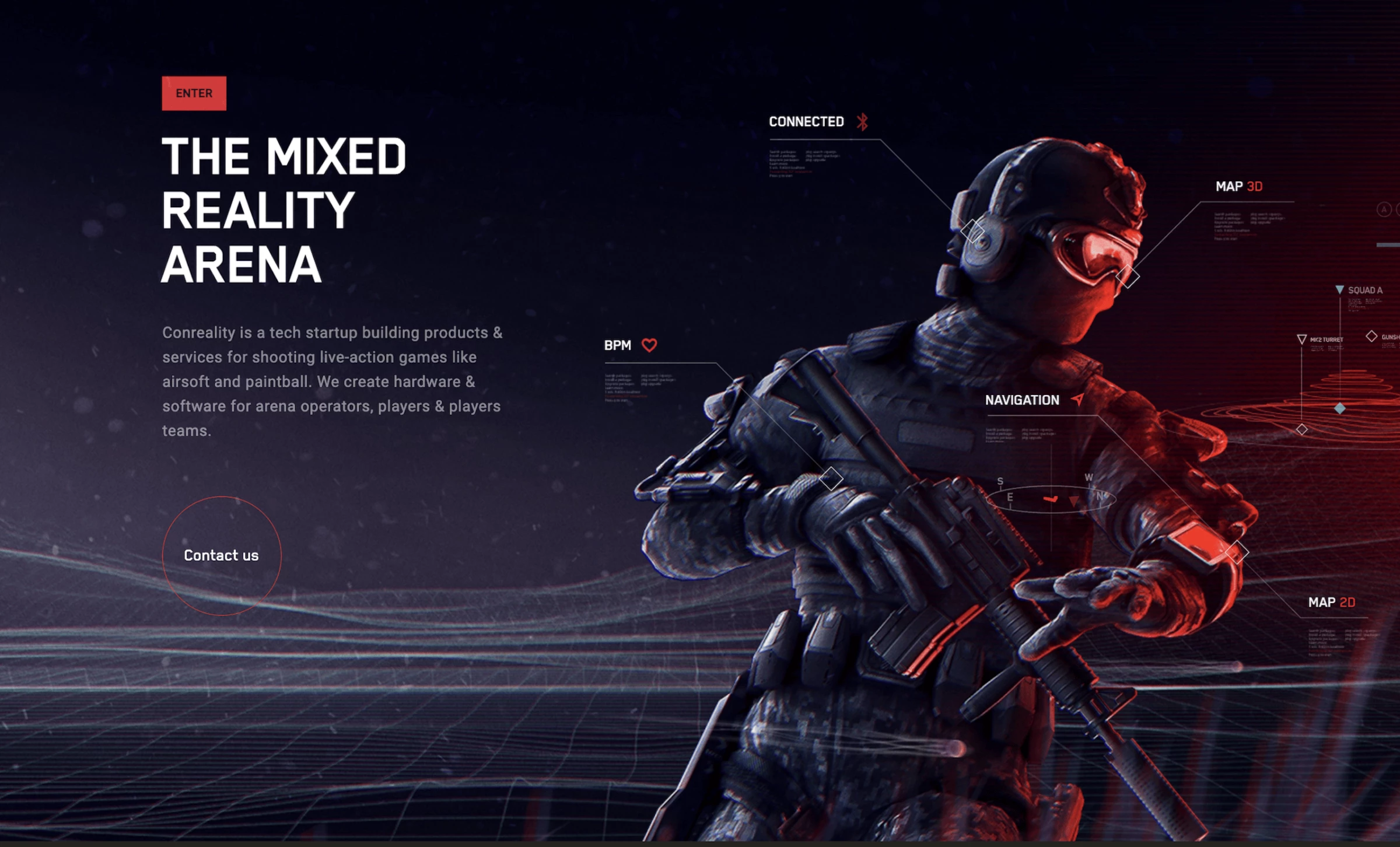 Conreality shows a tactical player over wireframe terrain, with leader lines connecting the figure to live game statistics.