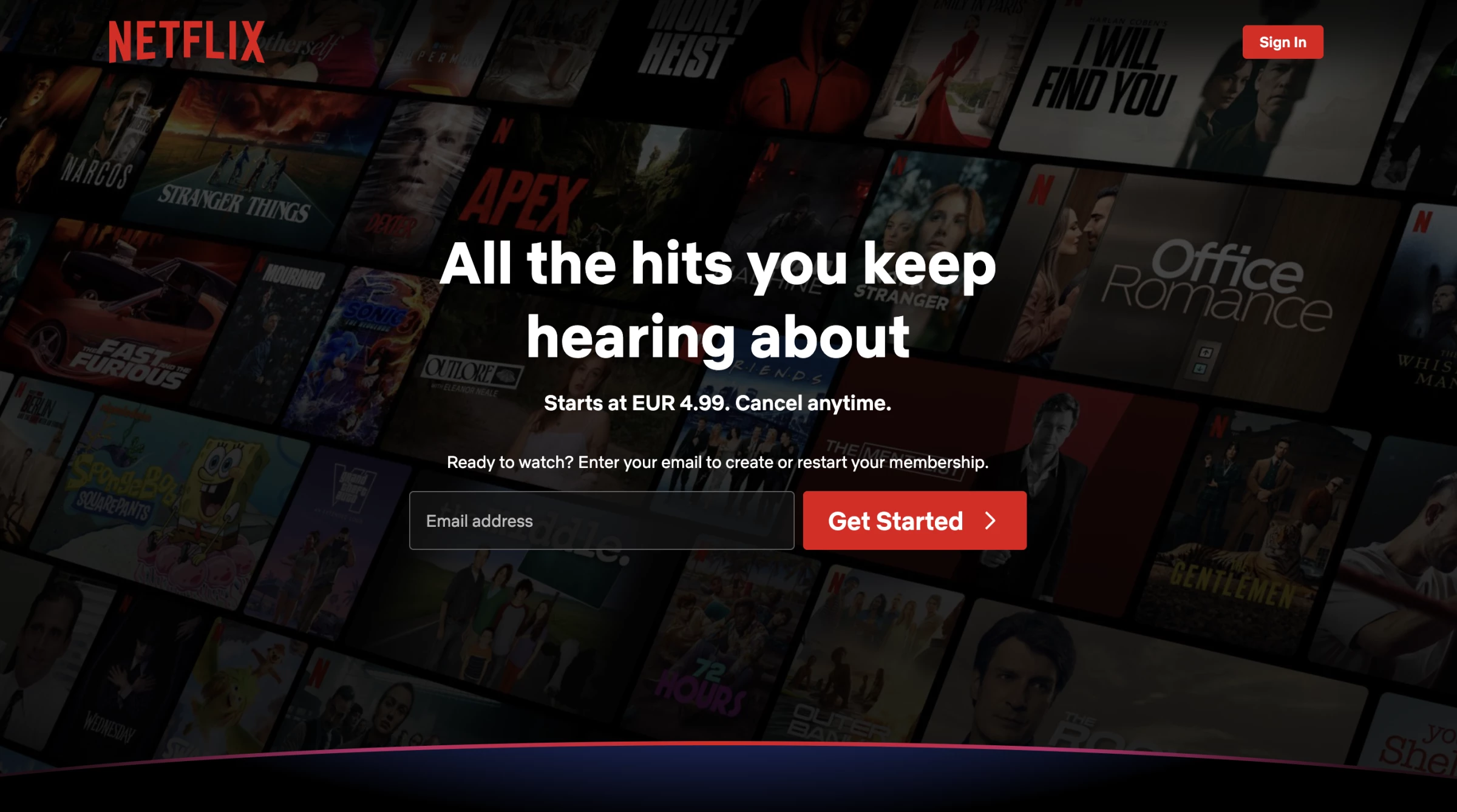 Netflix’s logged-out homepage uses entertainment artwork as the background and places the membership signup field in the hero.