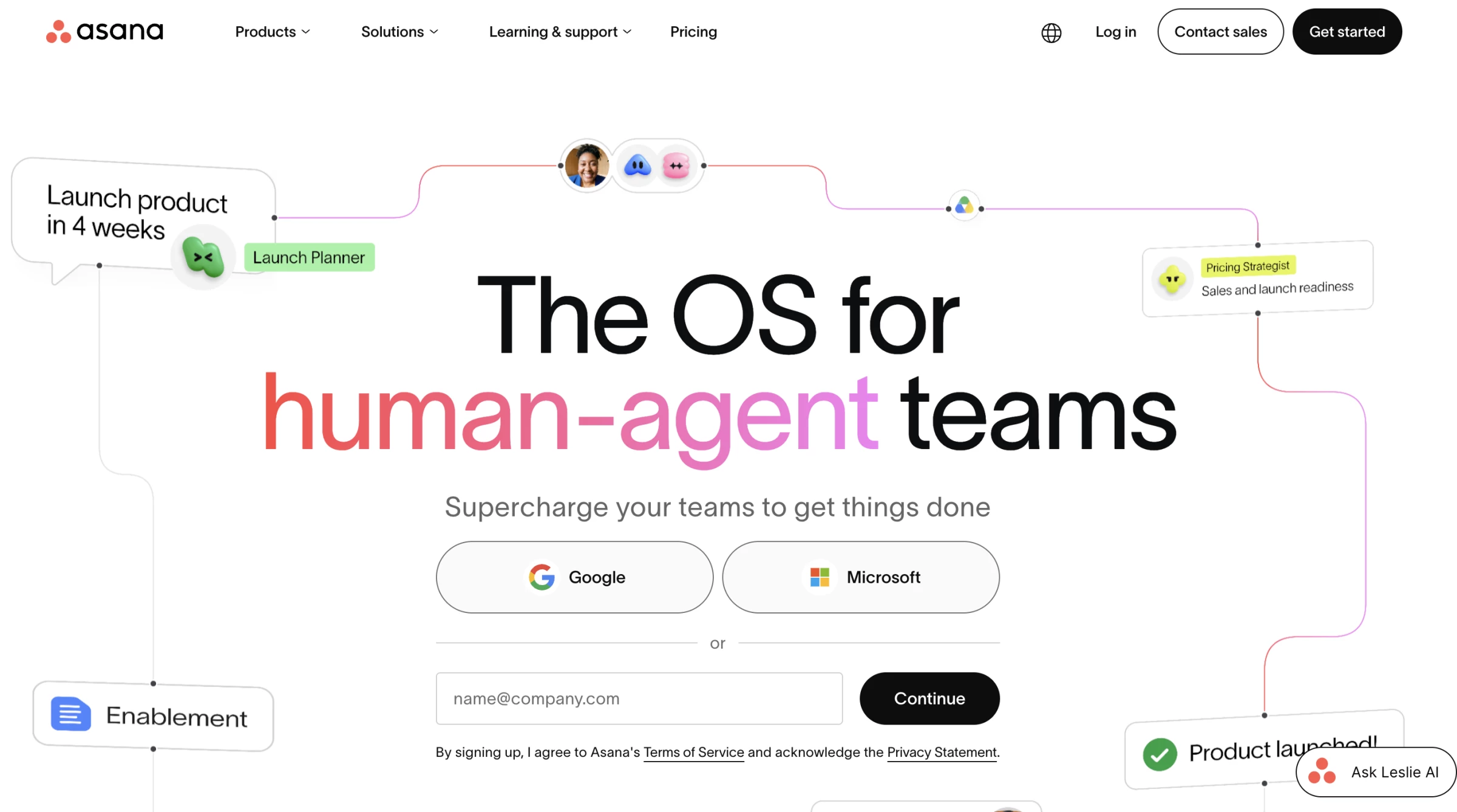Asana uses workflow diagrams, gradient section breaks, and role-specific navigation to explain how different teams use the platform.