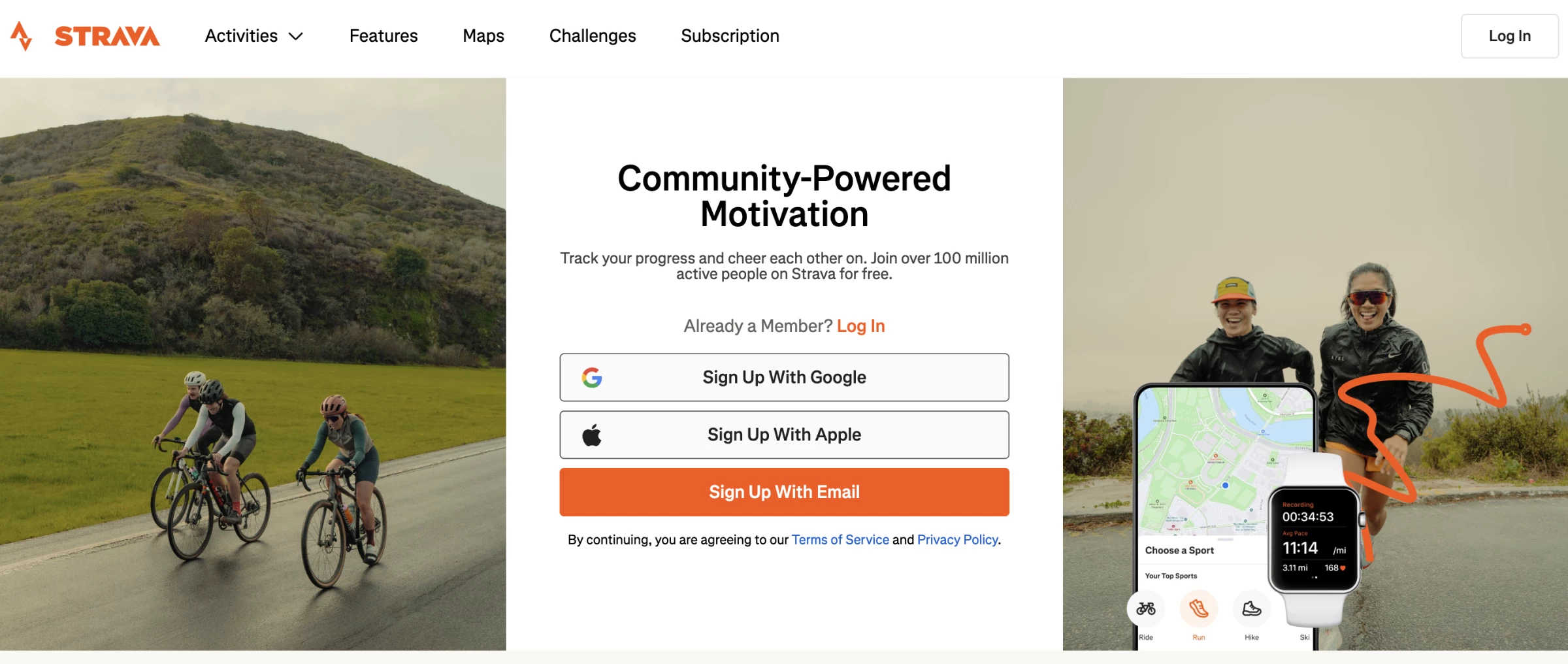 Strava combines photography of real athletes with route maps, performance metrics, and segment leaderboards.
