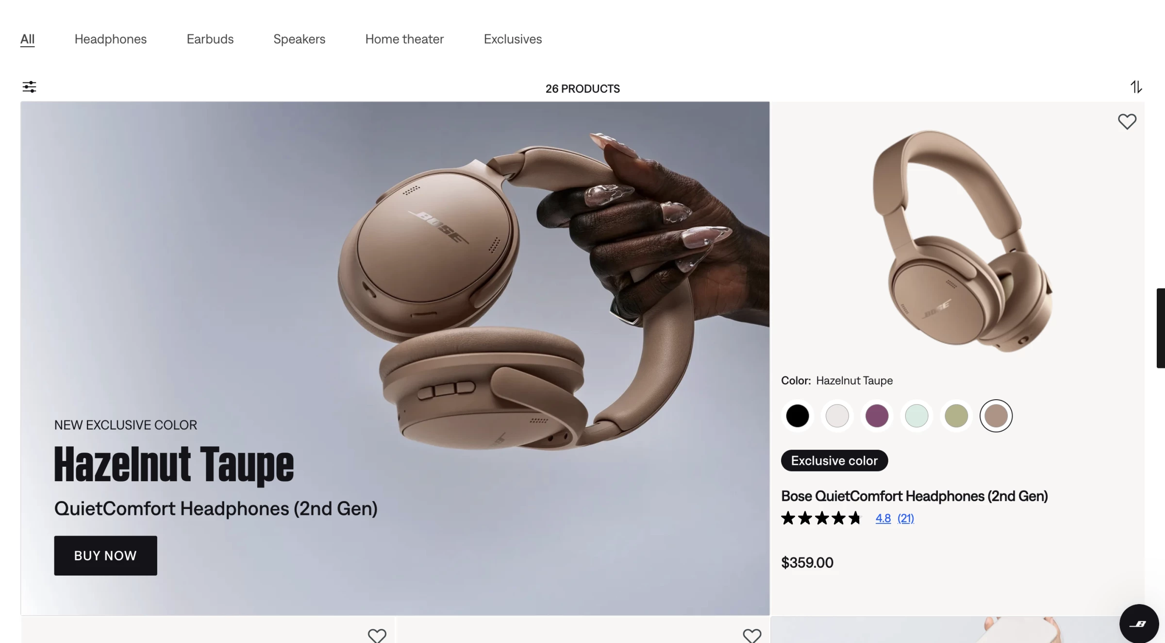 Bose places large product photography against a neutral background, keeping attention on the headphones before presenting specifications.