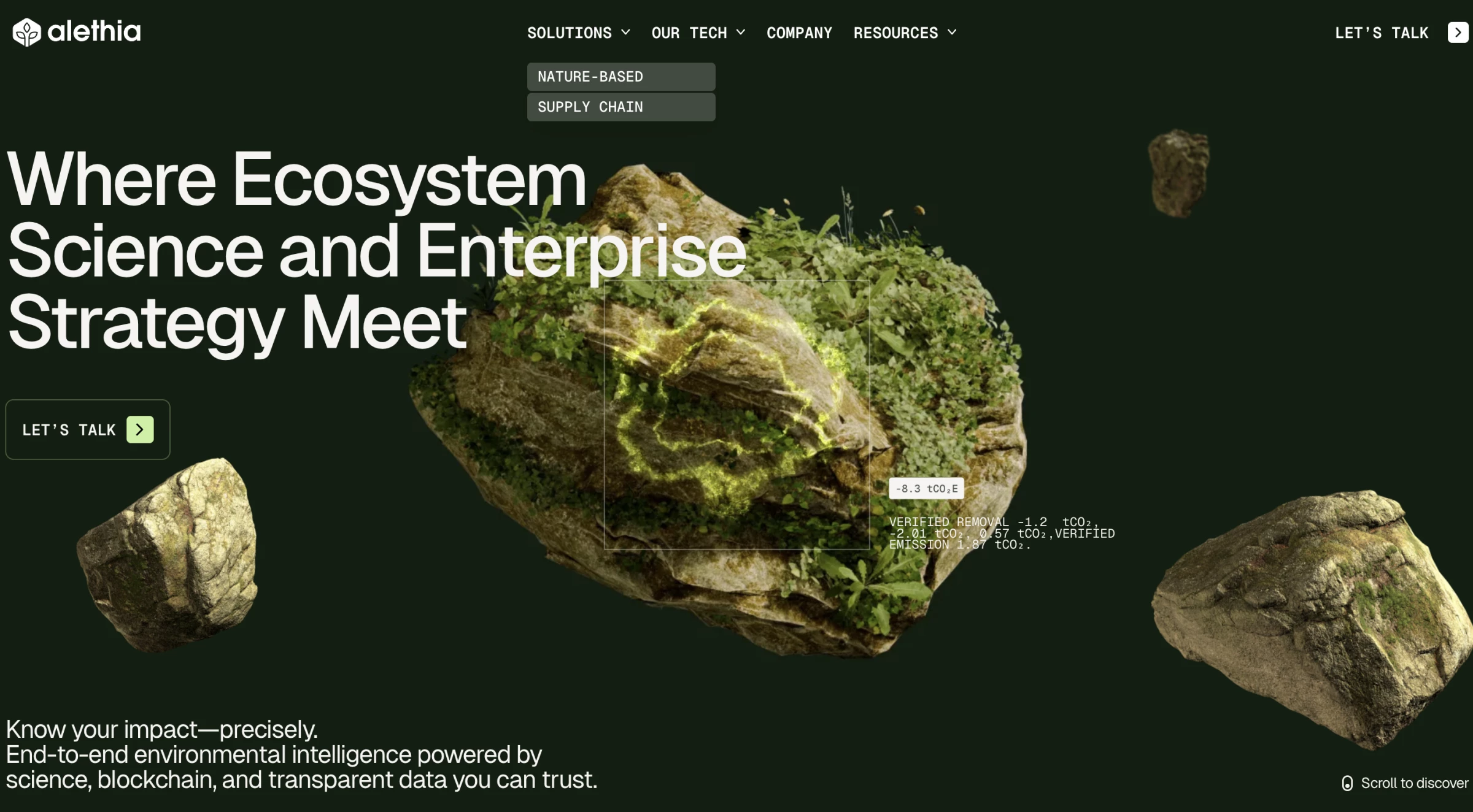 Alethia’s dark green homepage features photorealistic moss-covered rocks labeled with monospaced carbon-emissions data.