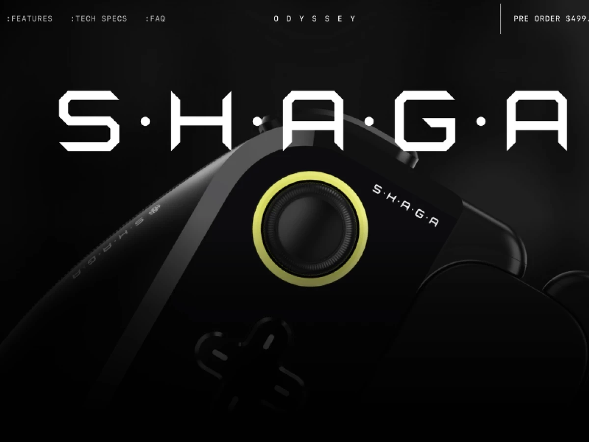The Shaga Odyssey homepage displays a glossy black gaming controller, a lime thumbstick ring, persistent pricing, and a live unit counter.